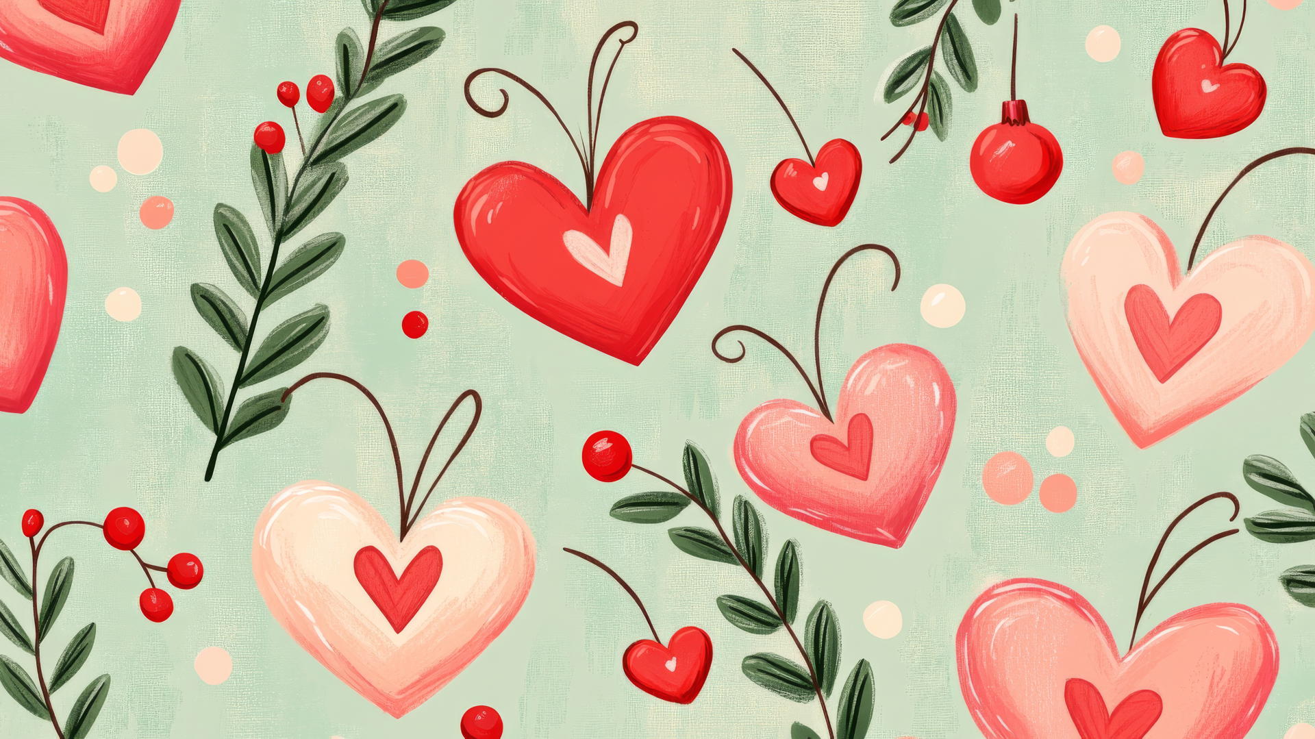 aesthetic preppy Christmas wallpaper with heart-shaped ornaments and mistletoe on pastel green background