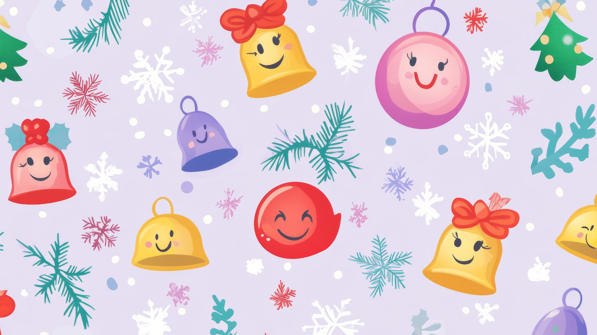 cute Christmas wallpaper preppy with smiling snowflakes, bells, and baubles on pastel lavender