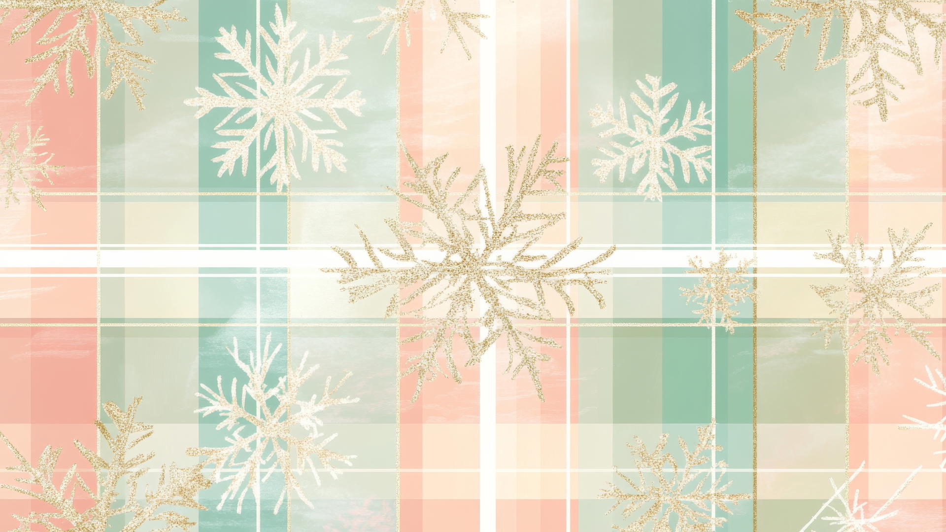 preppy Christmas wallpaper with pastel pink, mint green, and gold plaid, snowflakes, holly leaves