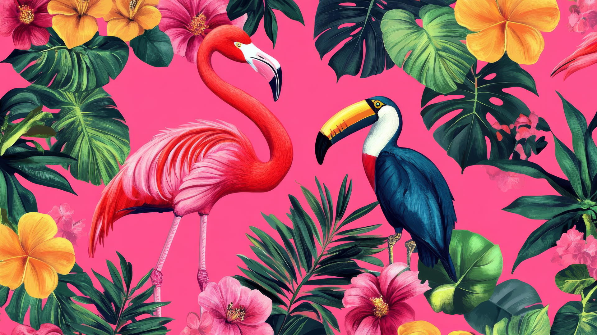 preppy wallpaper pink with pink flamingos, toucans, tropical flowers, neon accents, hot pink background