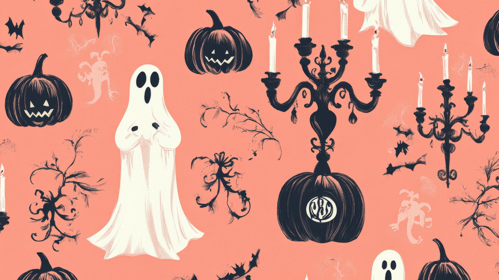 halloween preppy wallpaper with elegant ghosts, fancy candelabras, monogrammed pumpkins on coral