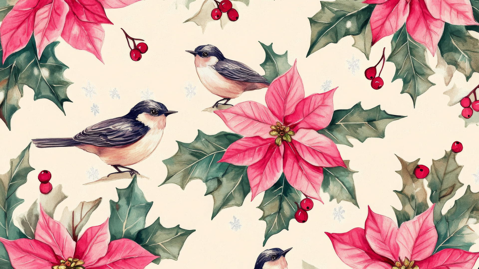 Preppy winter wallpaper with pink poinsettias and birds