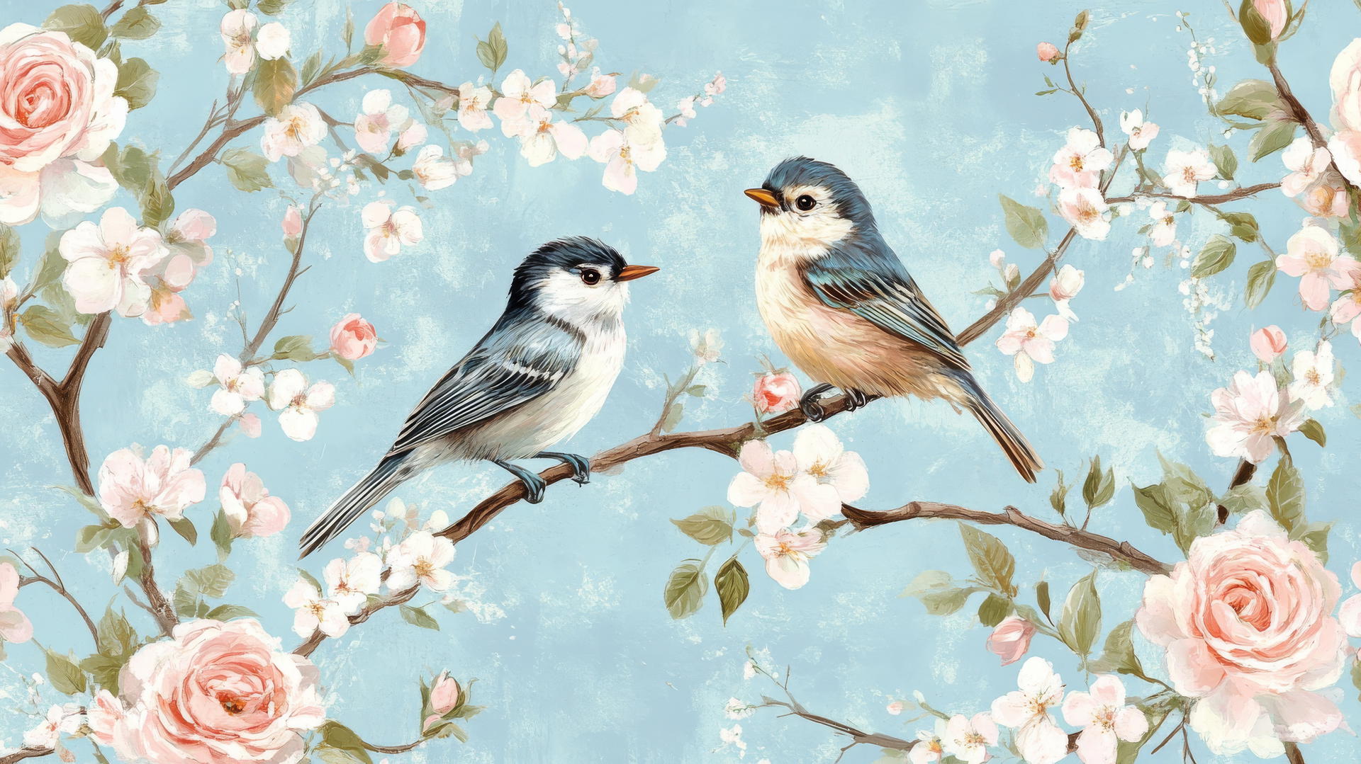 preppy spring wallpaper with songbirds on branches, cherry blossoms, and roses