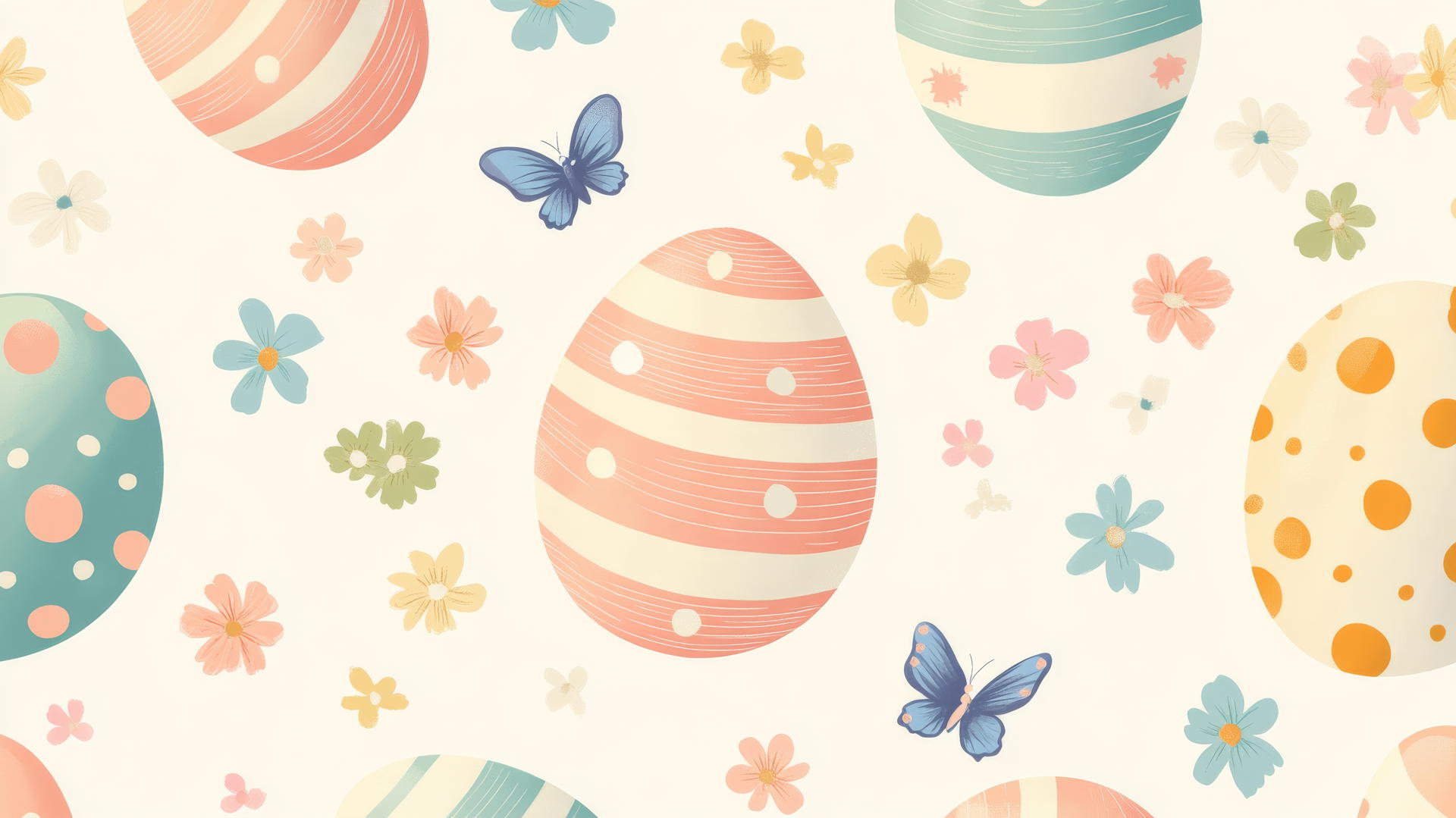 preppy Easter wallpaper with pastel-colored eggs, polka dots, stripes, flowers, and butterflies