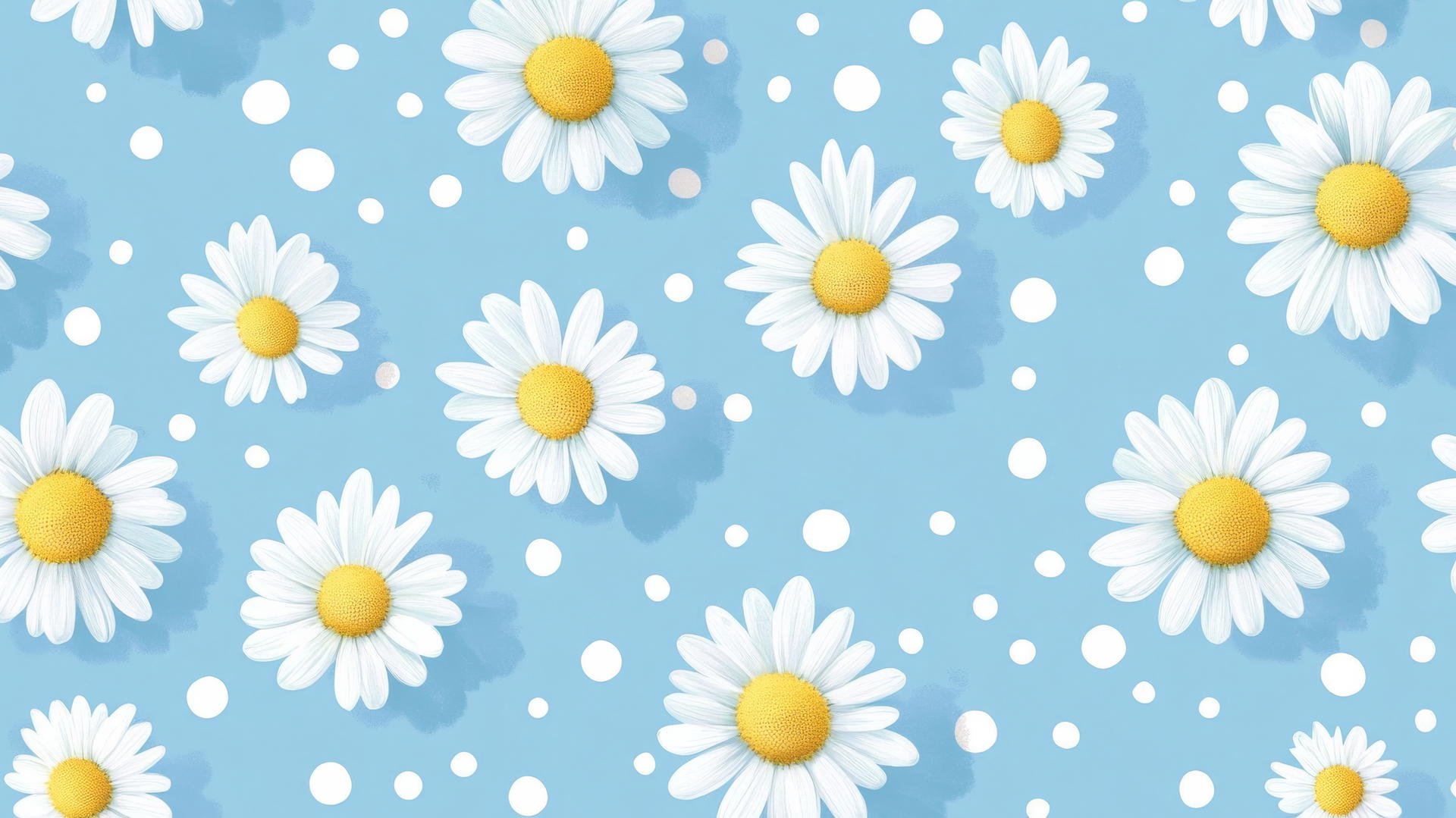 Preppy blue wallpaper with light blue polka dots and white daisies