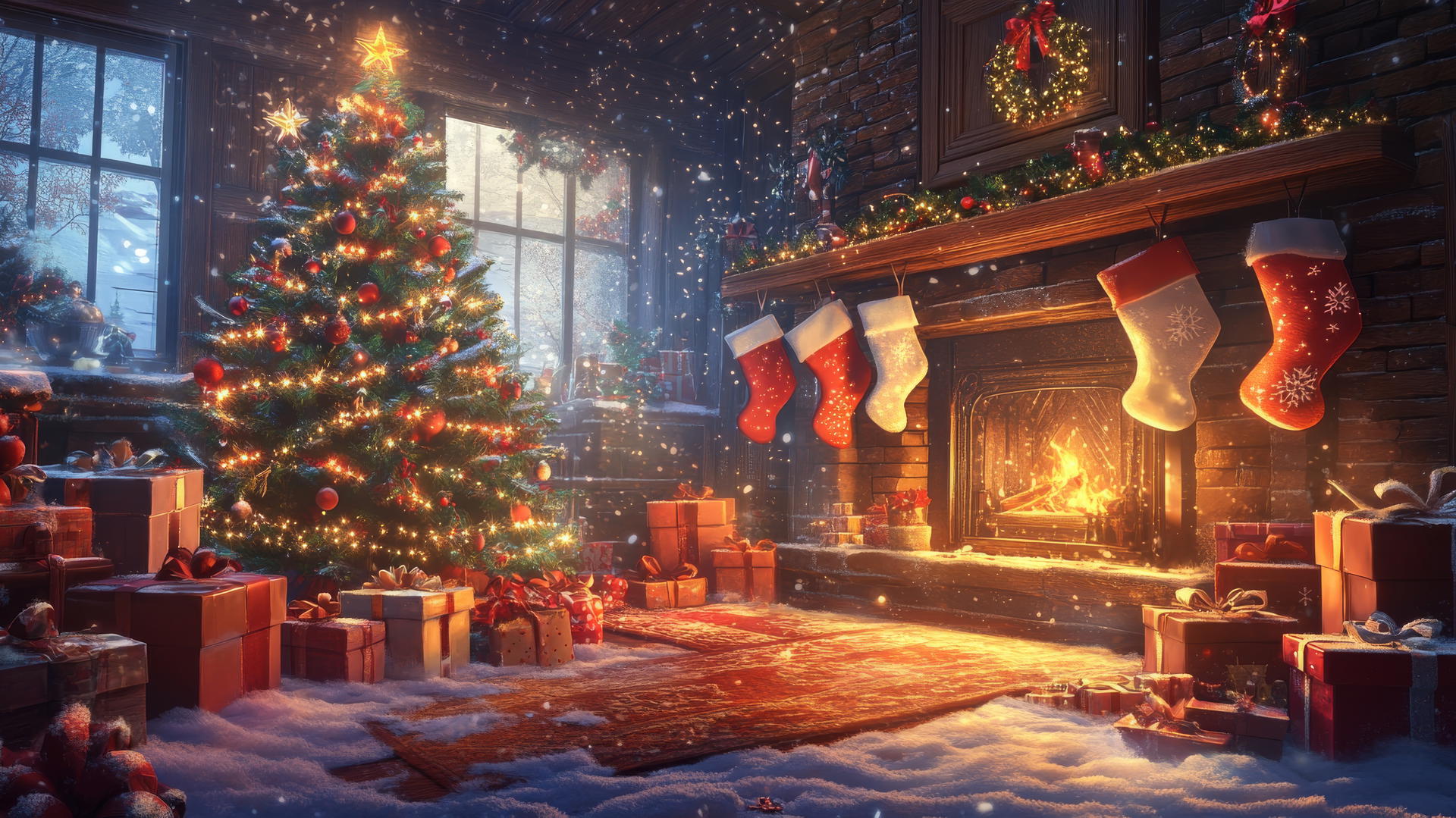 cute wallpapers for christmas, Christmas morning scene with decorated tree, presents, cozy fireplace