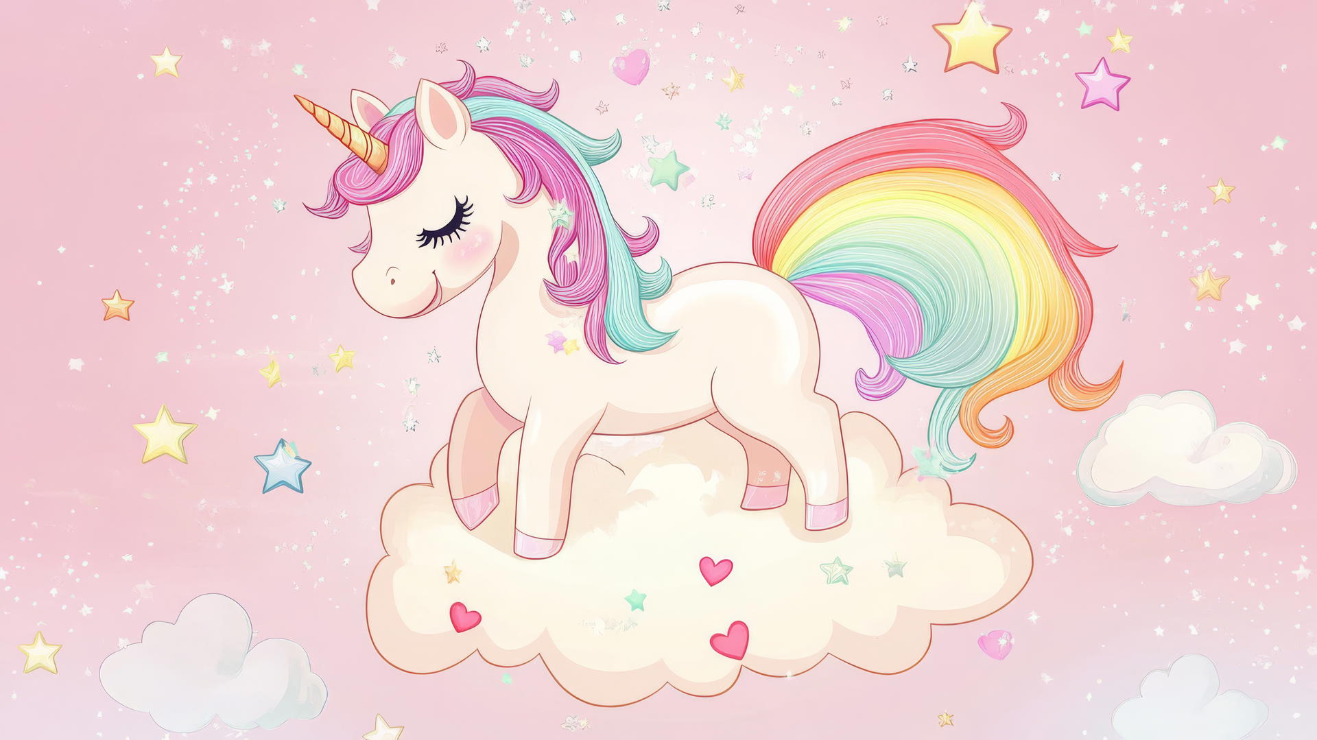 popular cute wallpapers for girls with pastel unicorn, rainbow mane, stars, hearts, on pink sky