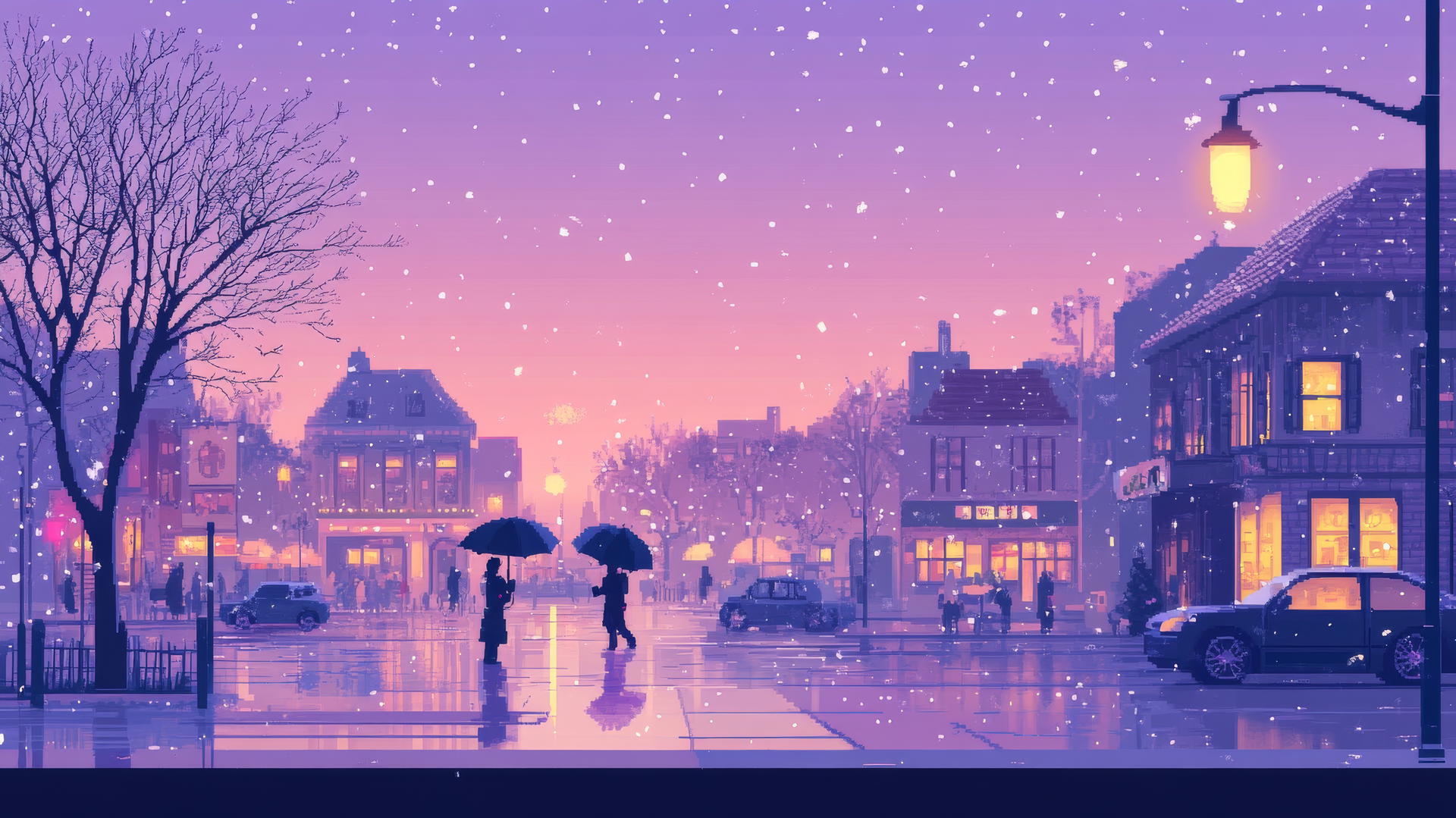cute aesthetic wallpapers of pastel cityscape at dusk, glowing windows, cars, and people with umbrellas