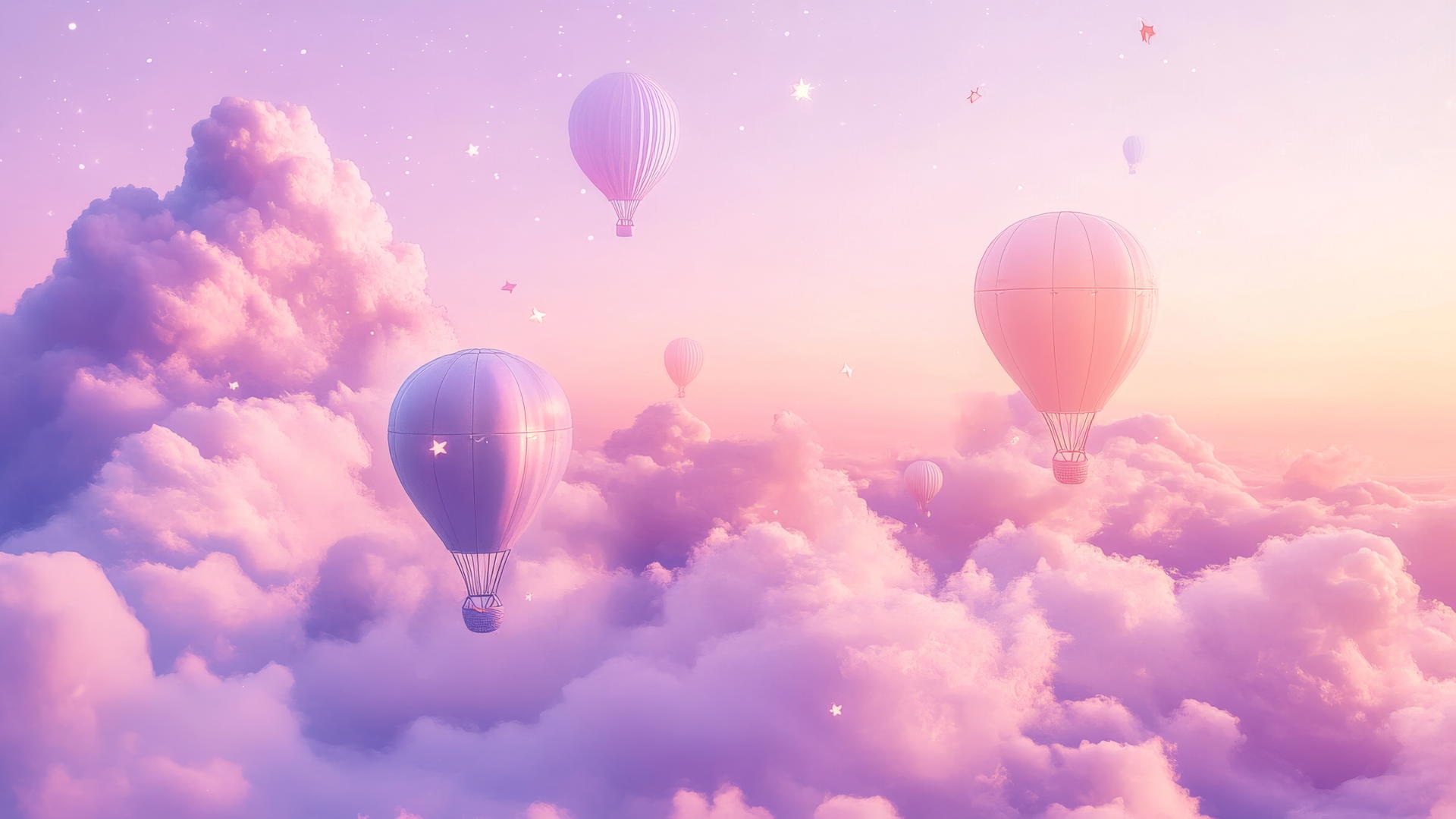 cute aesthetic wallpapers with dreamy cloudscape, pastel clouds, hot air balloons, and stars