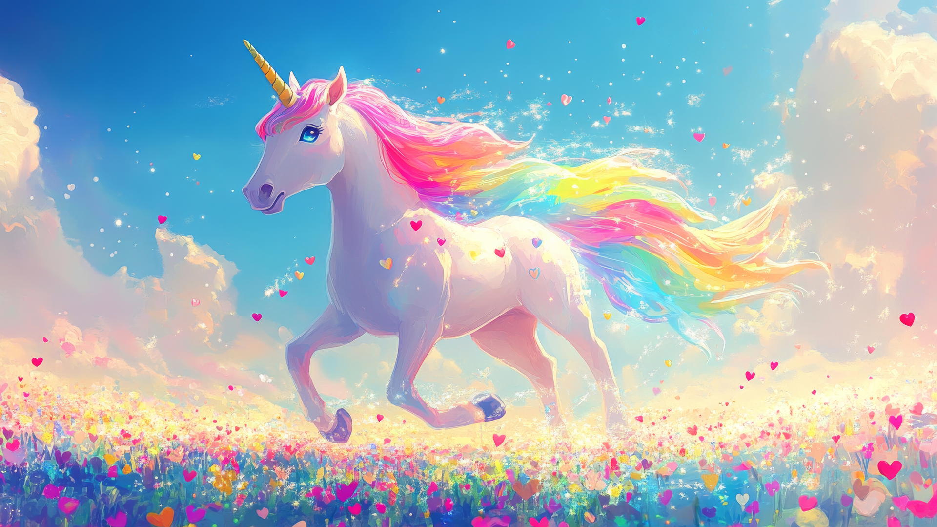Cute wallpapers for girls with a pastel unicorn, rainbow mane, flowers, sparkles, and hearts.