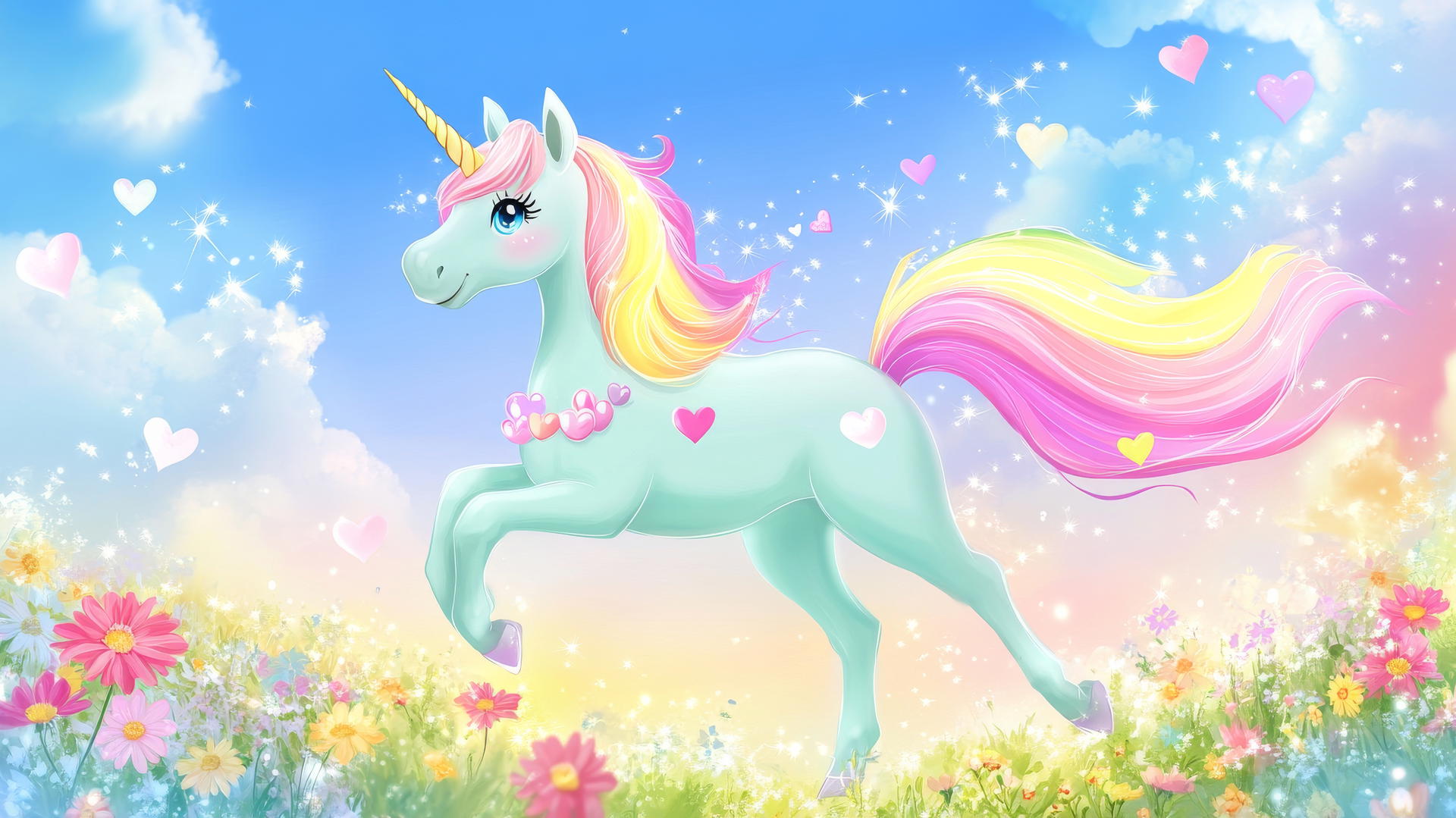 cute wallpaper for girls with pastel unicorn, rainbow mane, flowers, sparkles, and hearts