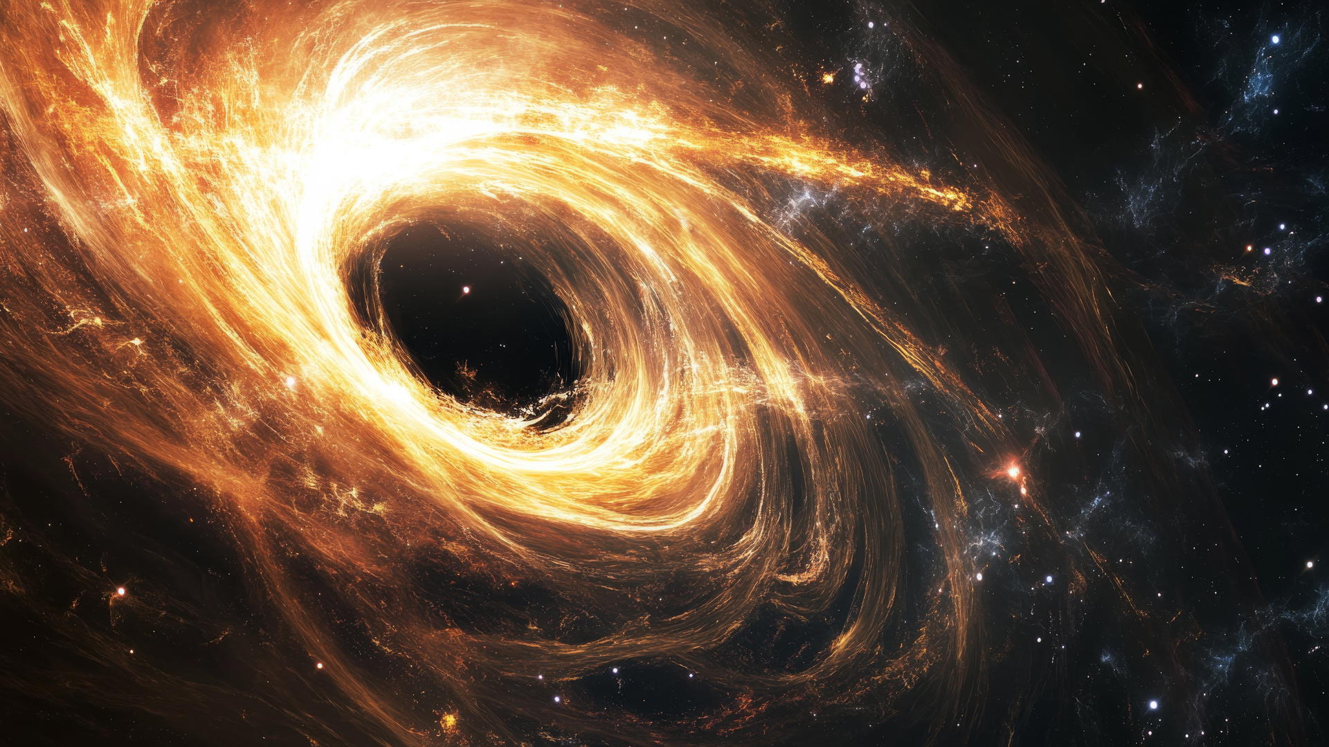 Black hole wallpaper with star systems being pulled in, streaks of light.