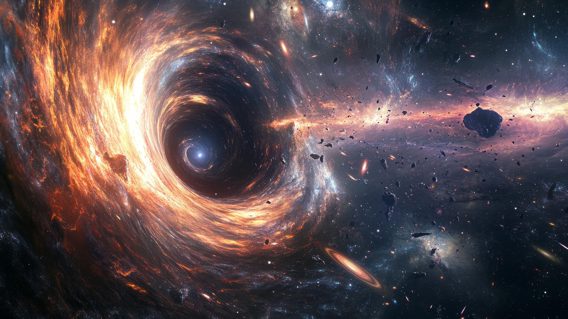 Black hole wallpaper with swirling galaxies and glowing particles