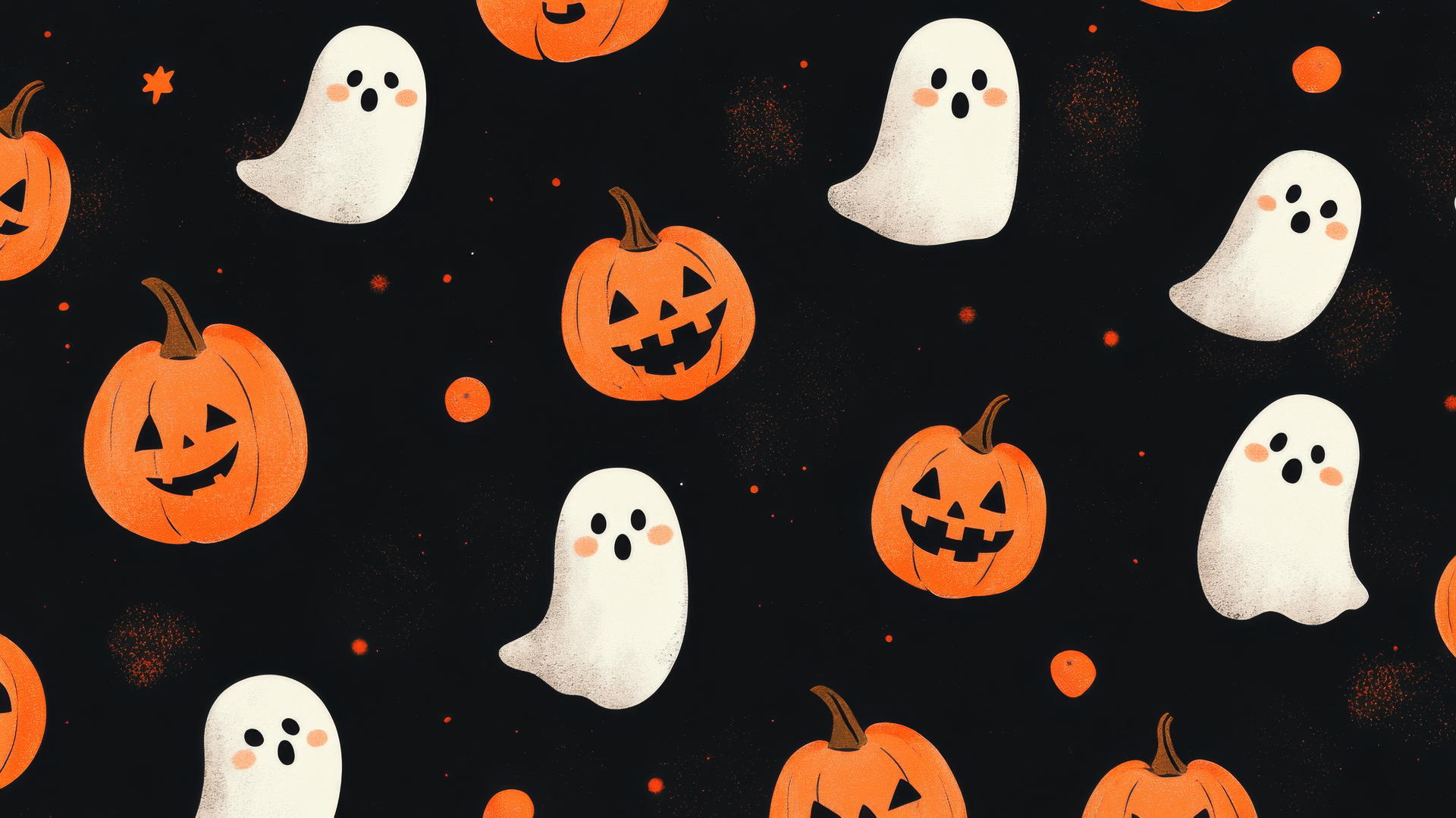 A cute black wallpaper with tiny smiling ghosts, pumpkins, and subtle glows.