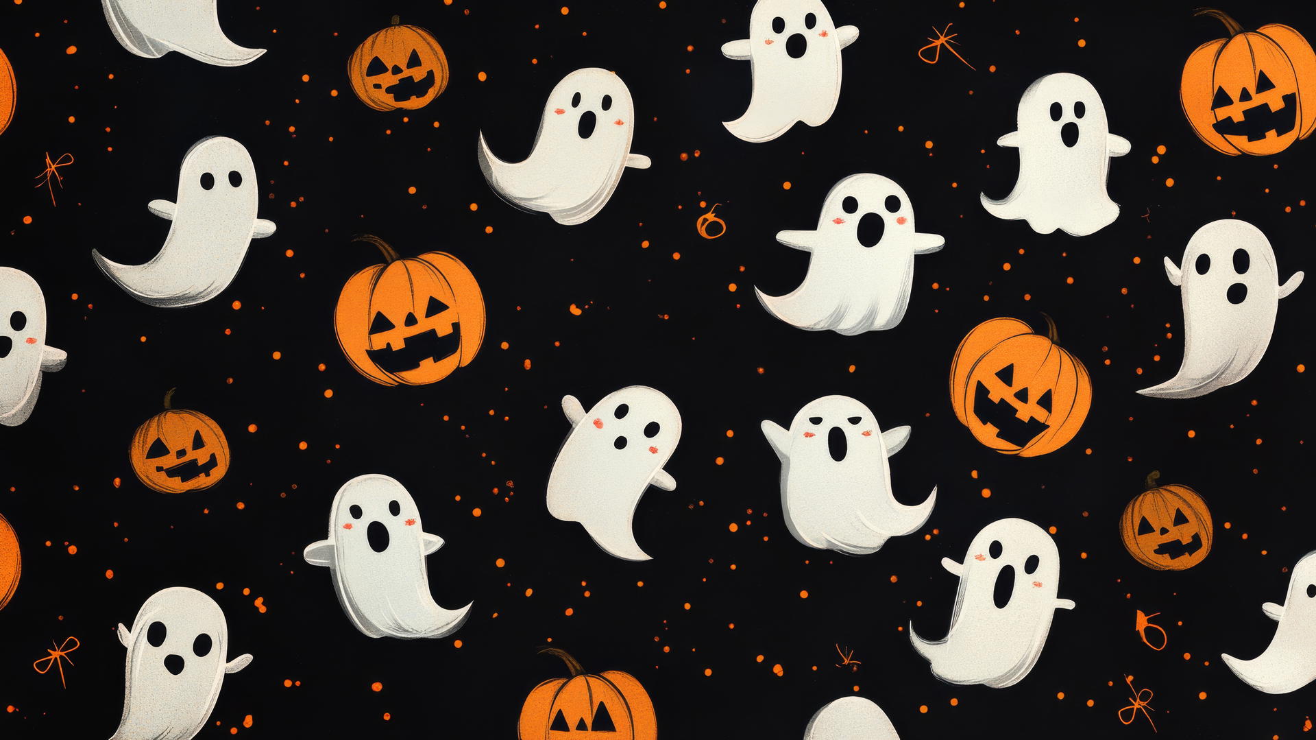 cute black wallpaper with tiny smiling ghosts and pumpkins, subtle glowing effects