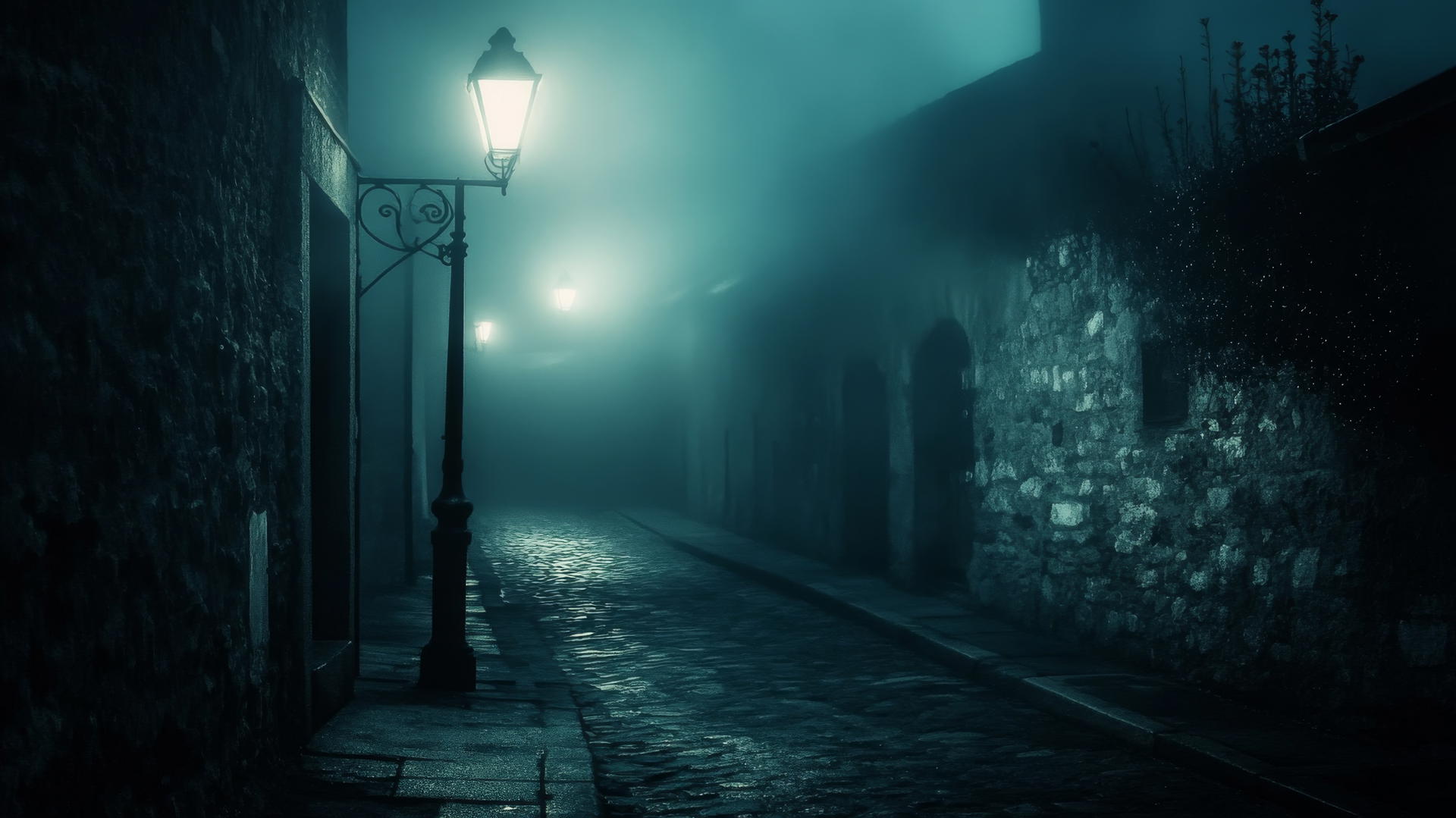aesthetic black wallpaper of a foggy night with dim streetlights in a deserted alley.