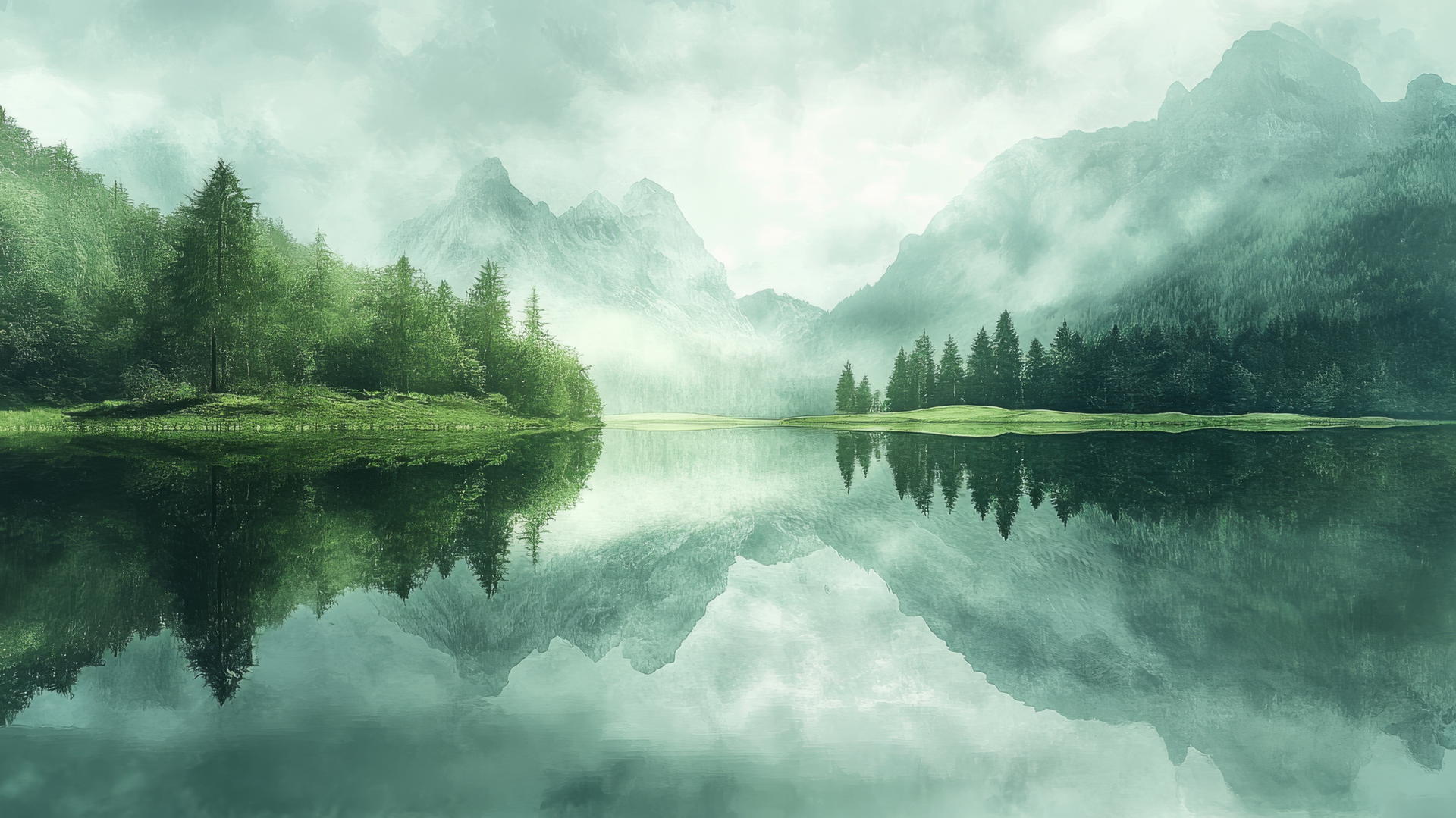 green aesthetic wallpaper featuring serene mountain landscape reflected in a still lake in soft greens and blues