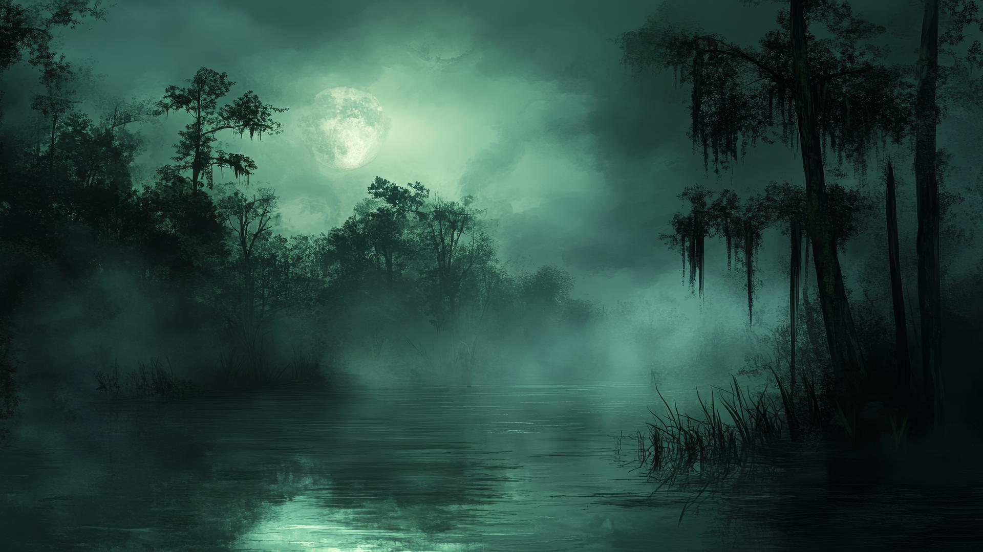 Dark green wallpaper with a mysterious, misty swamp scene and shadowy trees in moonlight.