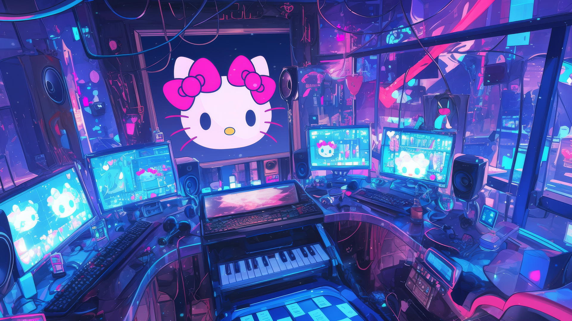 Y2K hello kitty wallpaper aesthetic with neon lights and glow sticks in a rave setting