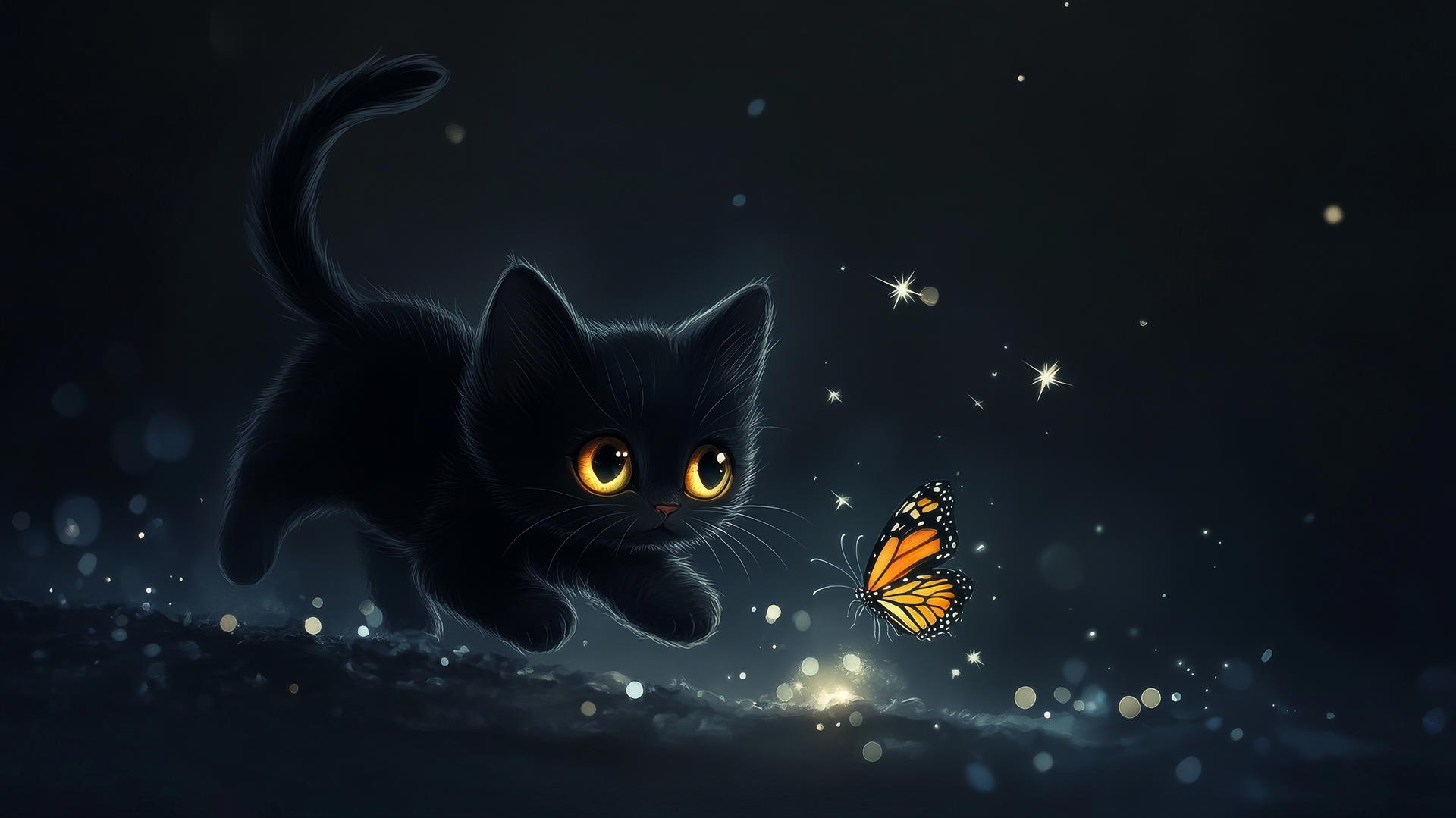 black cute wallpaper with a cartoon kitten chasing a butterfly on a dark background