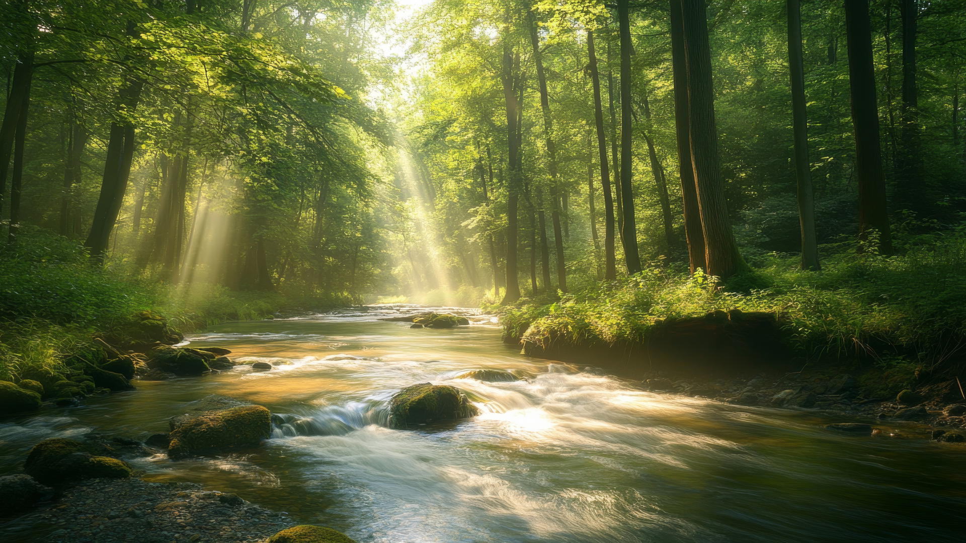 nature aesthetic wallpaper with a peaceful river in a dense forest