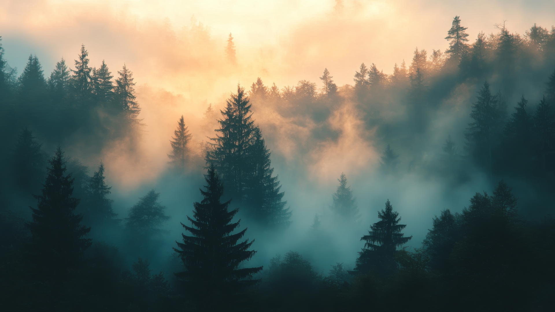 nature aesthetic wallpaper of foggy forest at dawn with ethereal glow