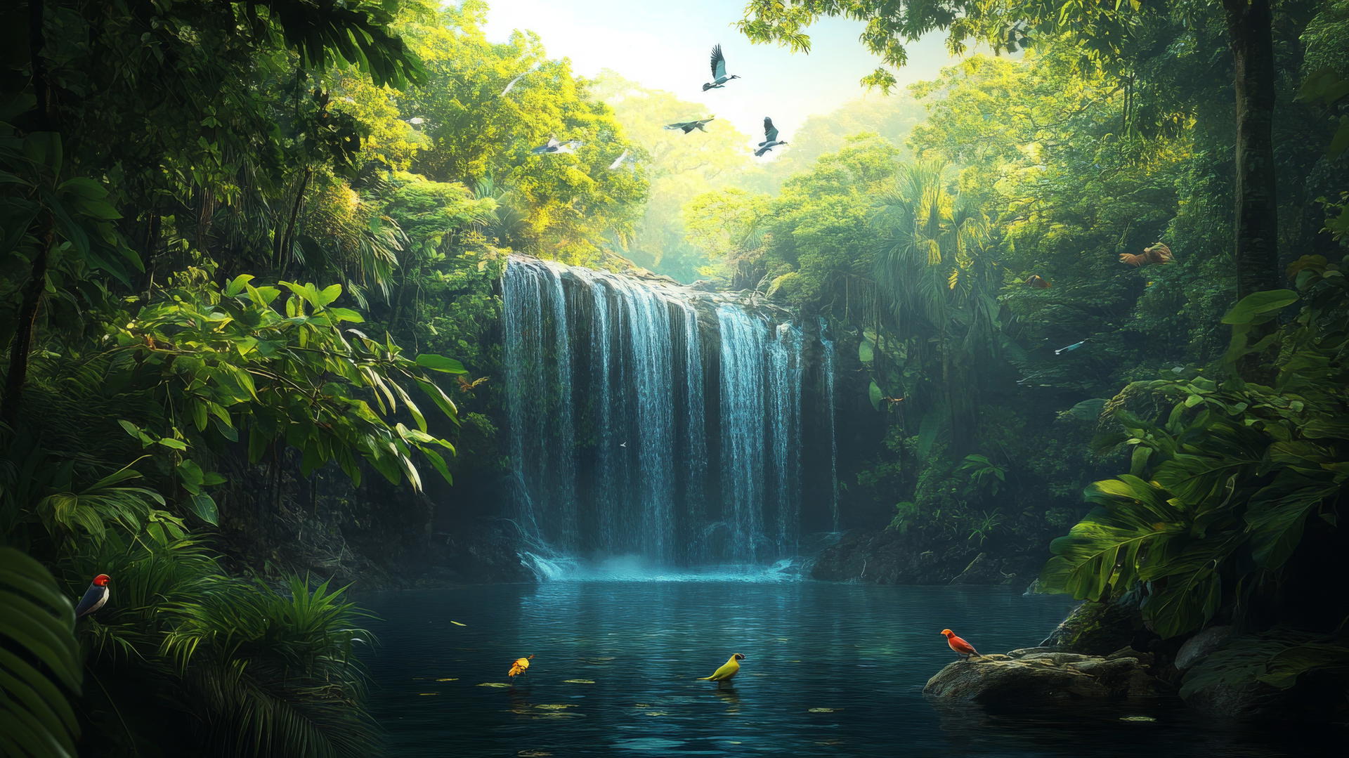 Beautiful nature wallpaper 4k of a tropical rainforest with vibrant green foliage, colorful birds, and a cascading waterfall.