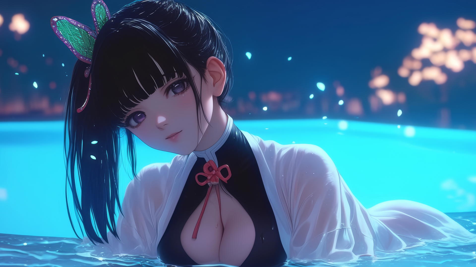 Kanao Tsuyuri from Demon Slayer resting by a swimming pool in moonlight with a butterfly hair ornament.