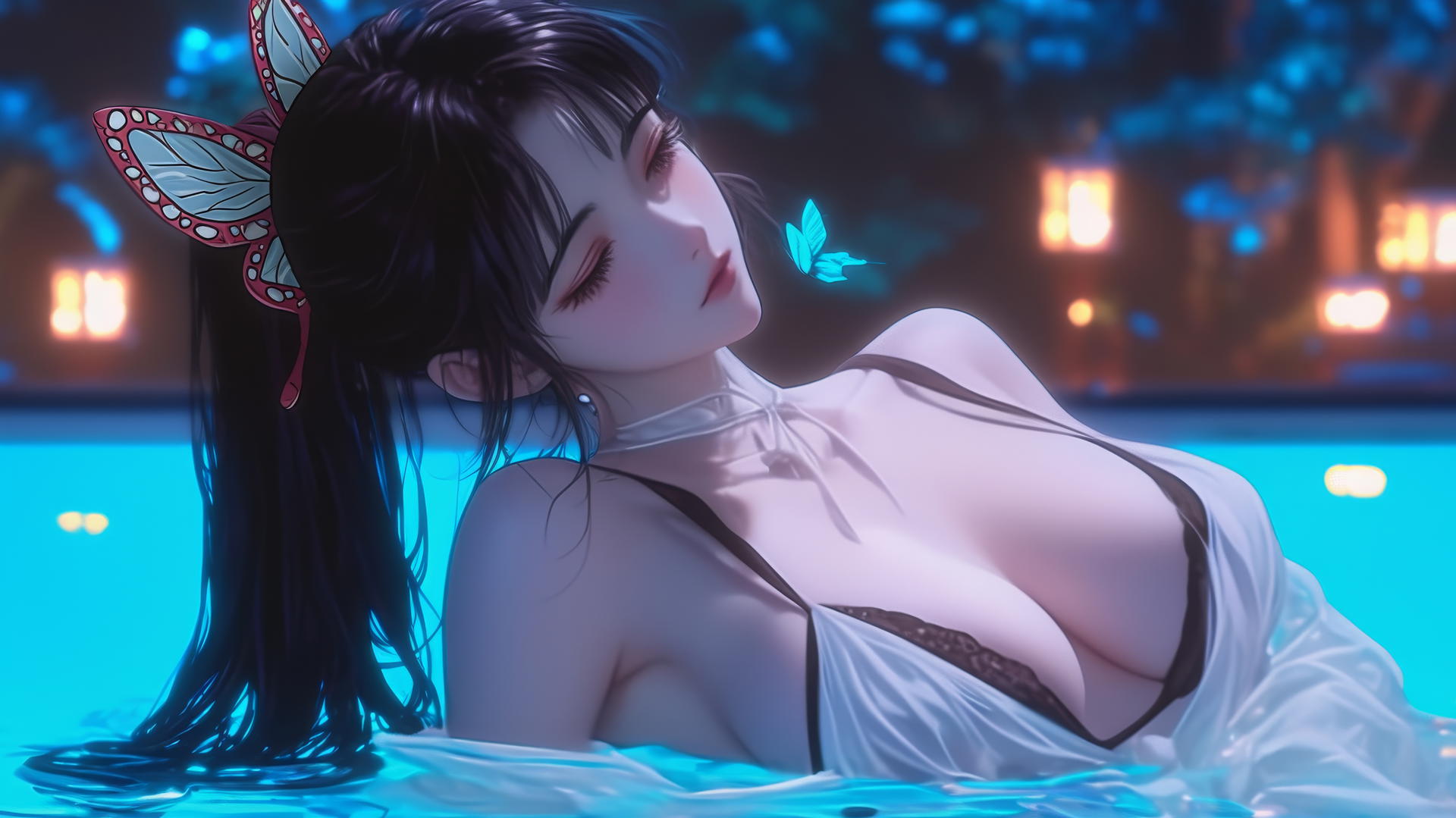 Kanao Tsuyuri resting by a swimming pool under moonlight, butterfly hair ornament