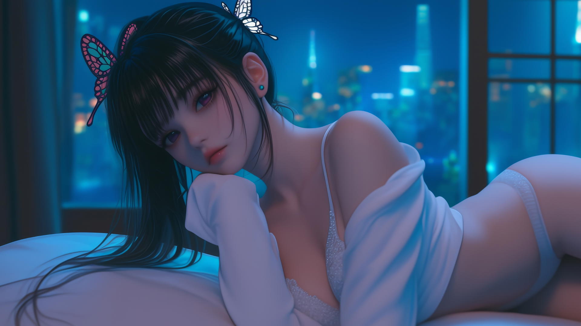 Kanao Tsuyuri from Demon Slayer, resting in modern hotel room, thigh focus, soft warm light