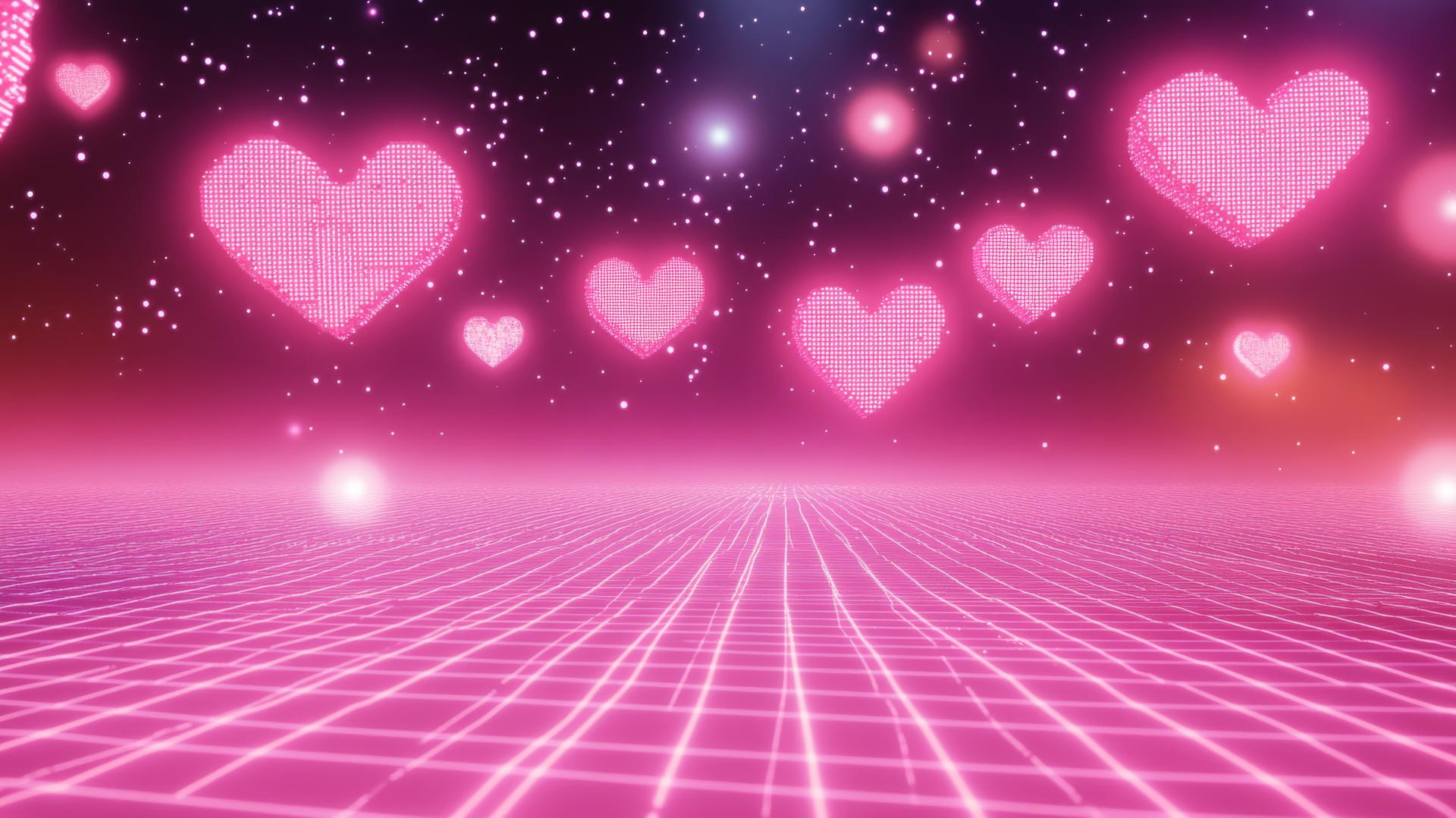 Pink Y2K wallpaper with neon pink grid flooring, holographic hearts, and pixelated stars.