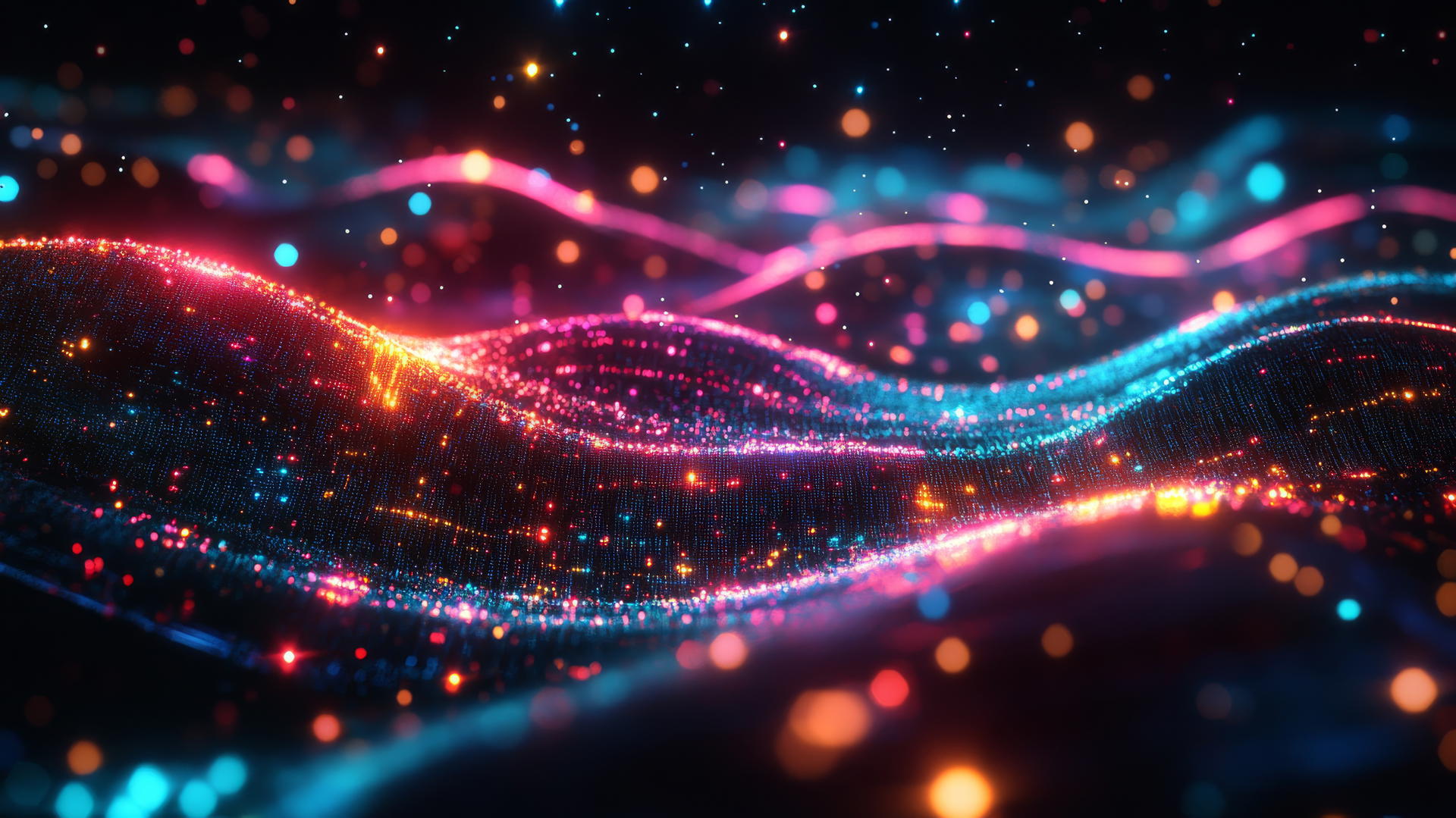 Y2K star wallpaper with neon star particles on a dark digital landscape