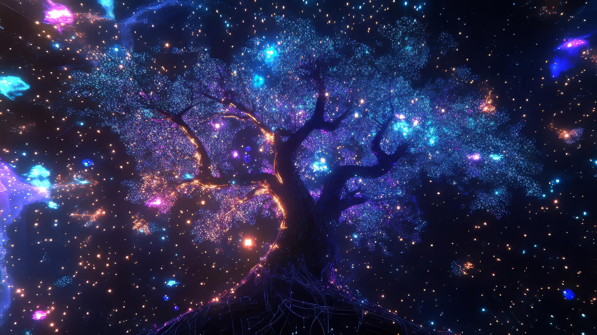 Y2K star wallpaper with surreal cosmic tree and neon branches in a starry digital sky.