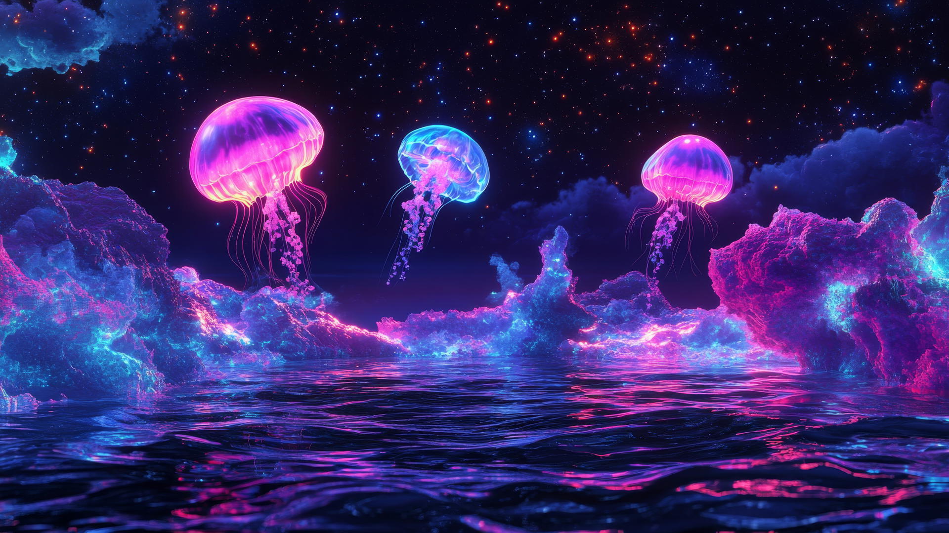 Y2K star wallpaper with digital ocean, neon jellyfish, and starry sky