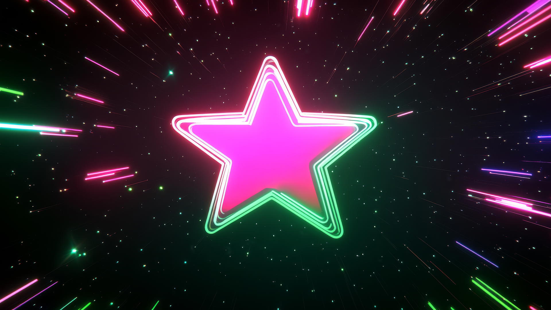 Y2K star wallpaper with a black background, neon star center, pixelated trails.