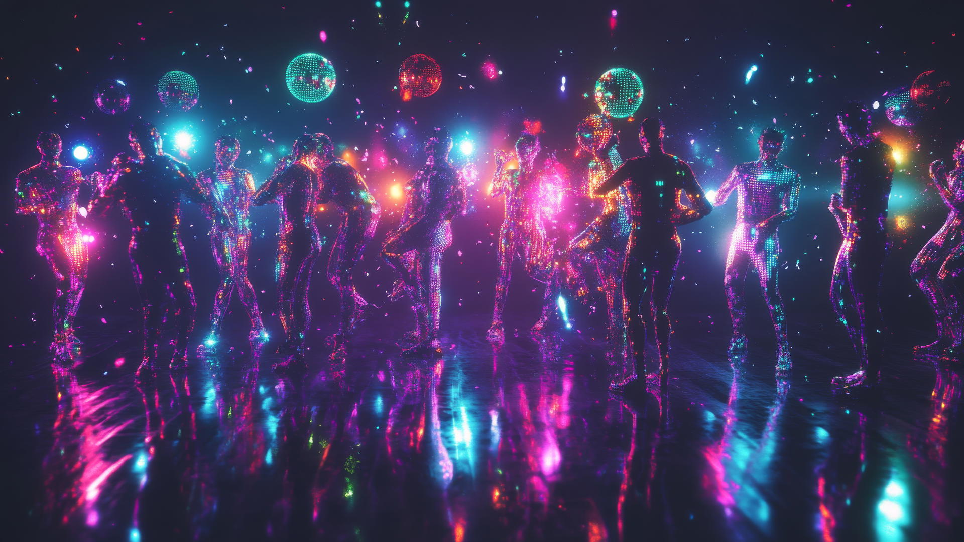 Y2K aesthetic wallpaper with holographic disco balls, neon laser lights, and pixelated dancers