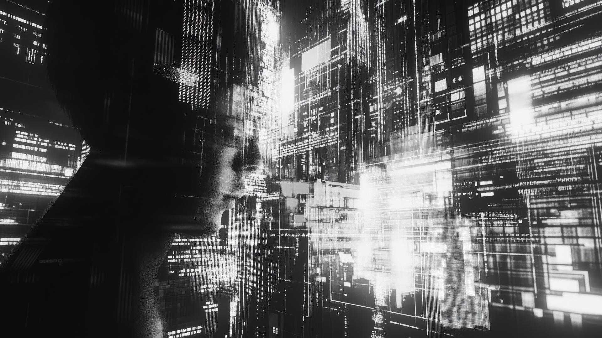 Y2K aesthetic wallpaper with glitch effects, pixelated text, and holographic patterns