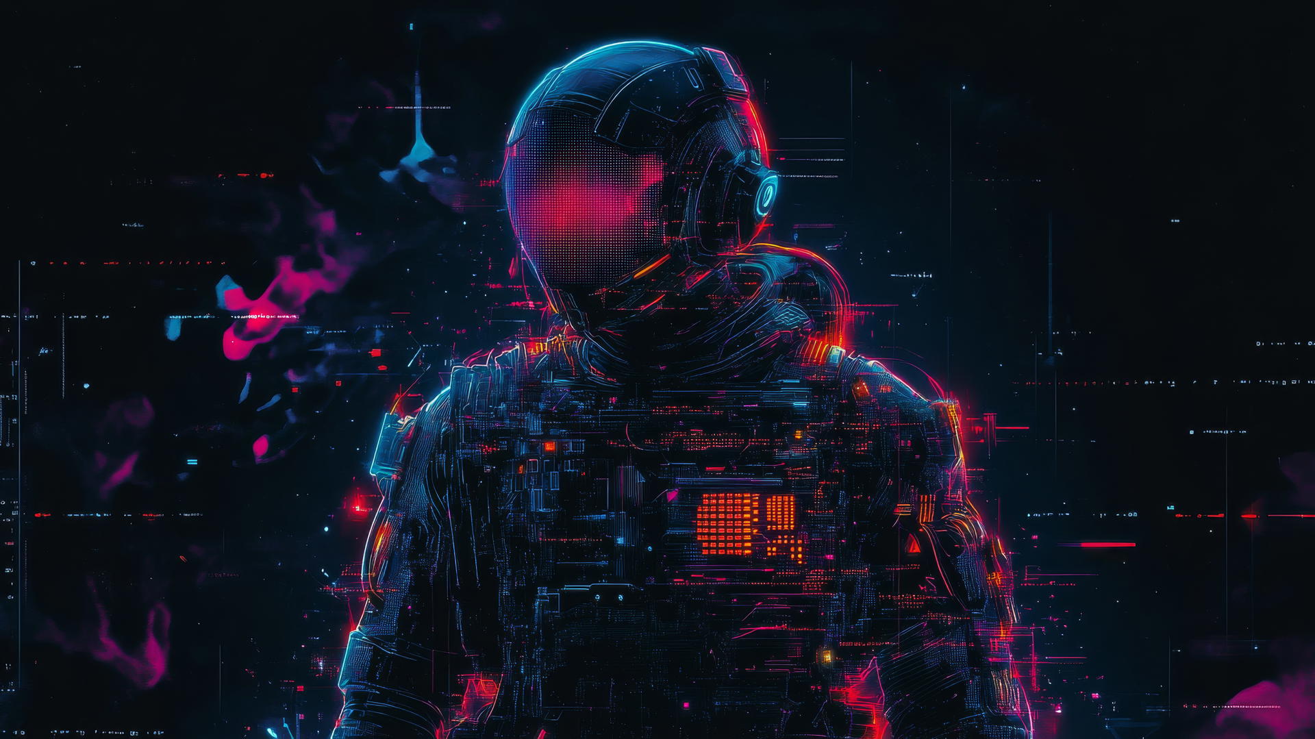cyber y2k wallpaper black with digital warrior silhouette in neon armor