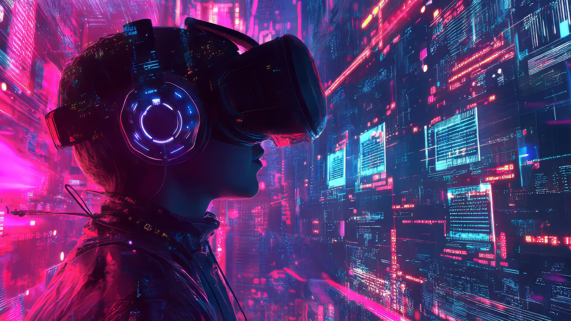 Y2K wallpaper with a person in futuristic VR headset, holographic screens.