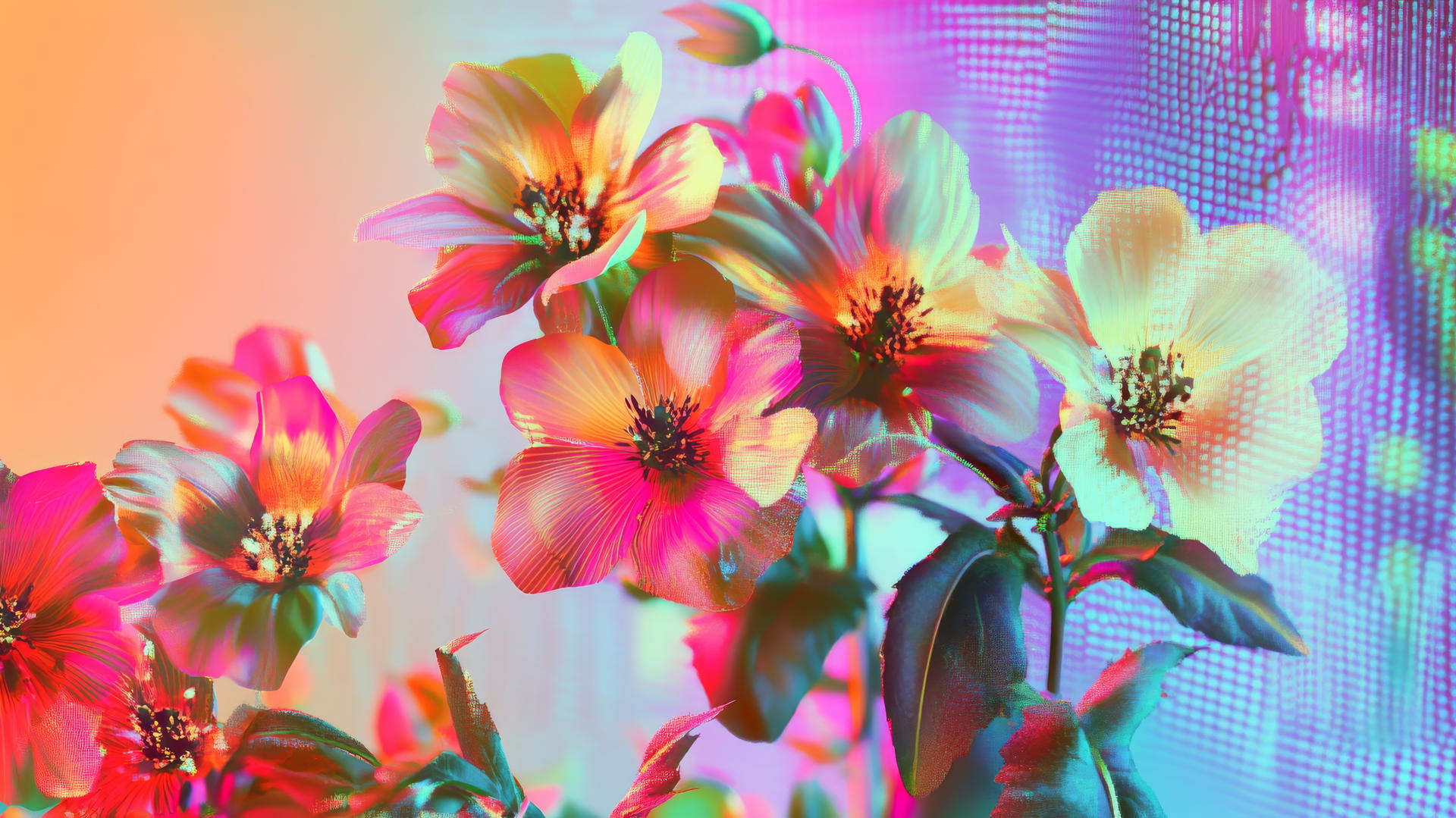 Wallpaper Y2K with colorful pixelated digital flowers and glitchy effects.