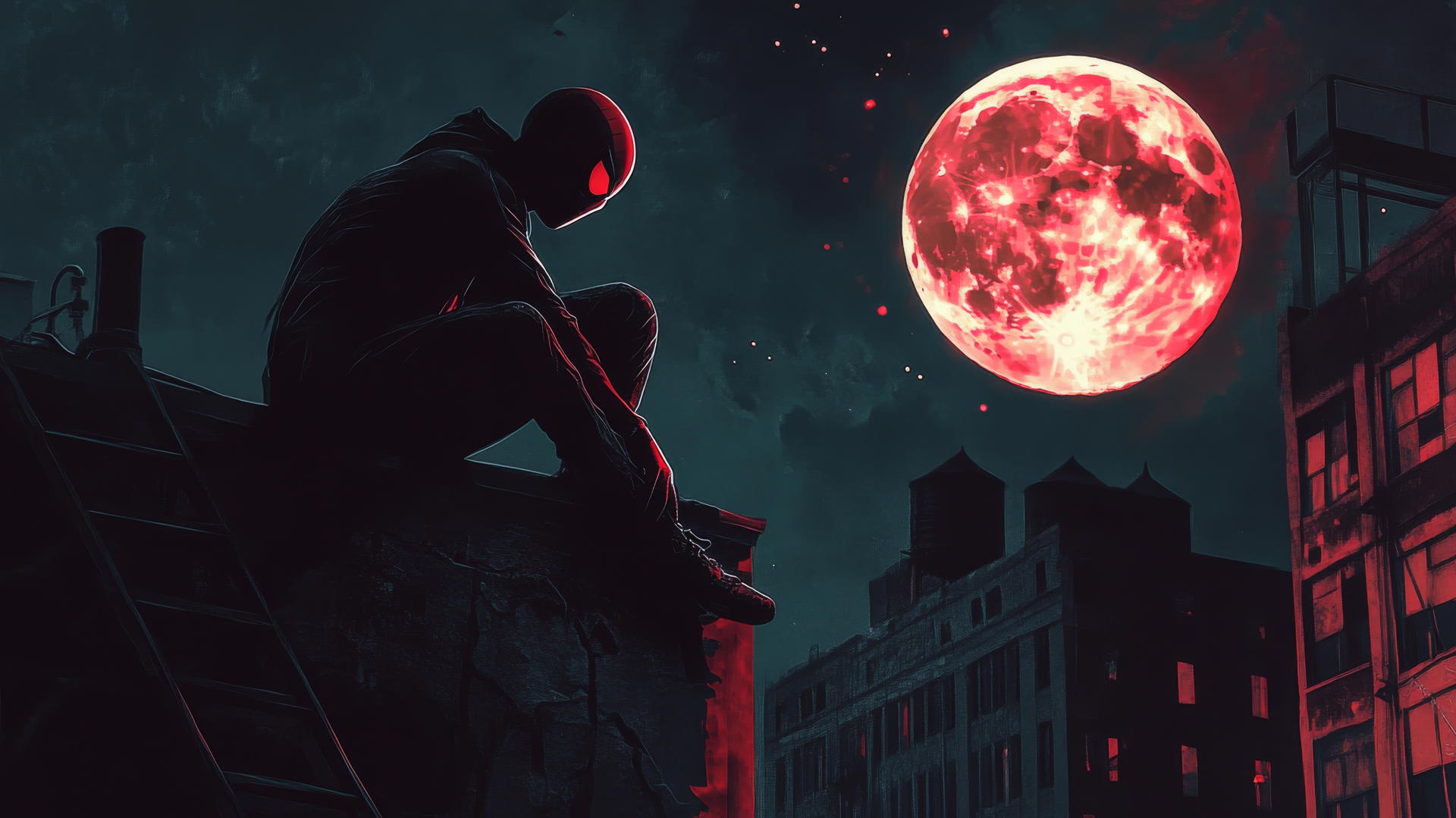 Spider-Man on a rooftop during a lunar eclipse with a glowing red moon, spider man wallpaper aesthetic