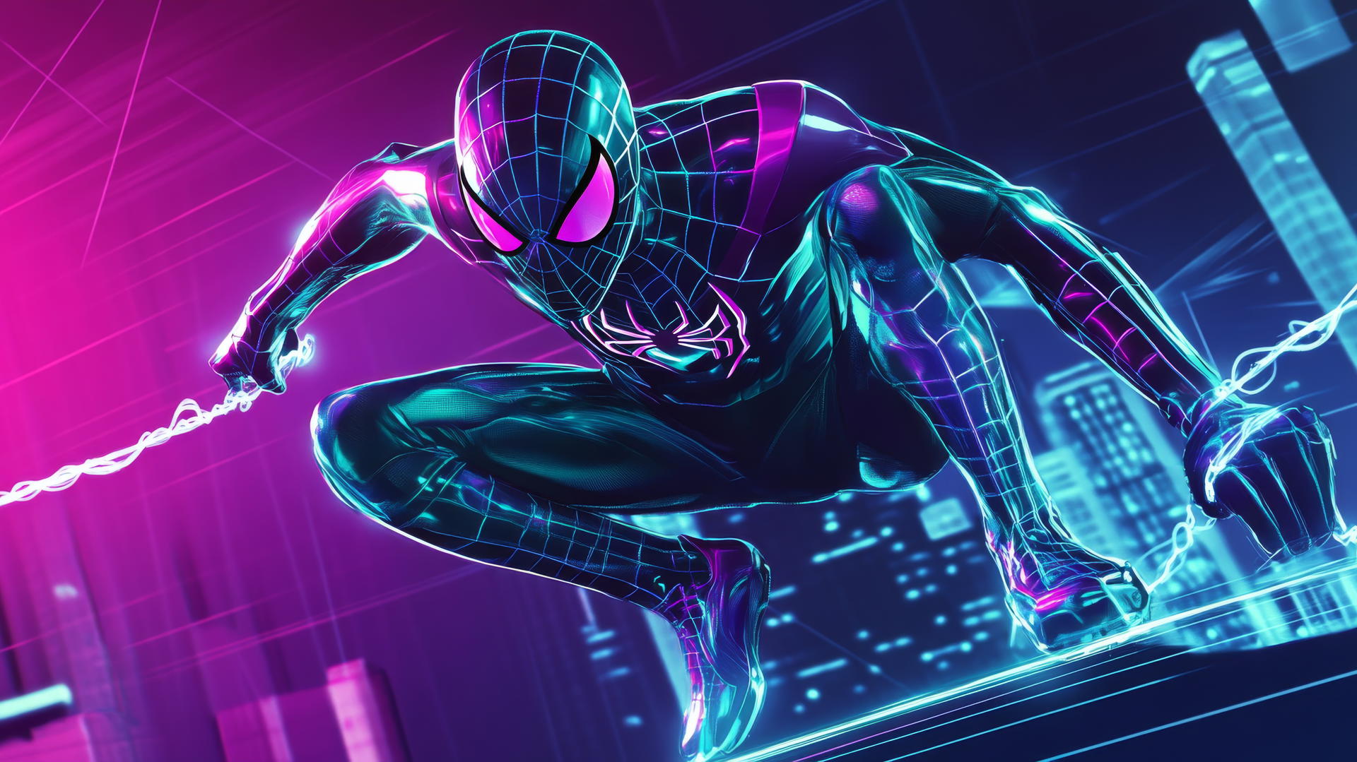 spider man wallpaper aesthetic in 1980s retro-futuristic style with neon grid background