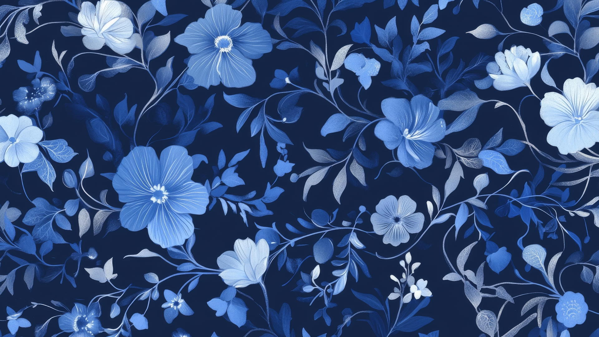 blue wallpaper with blue flowers, leaves, and silver vines on dark blue background