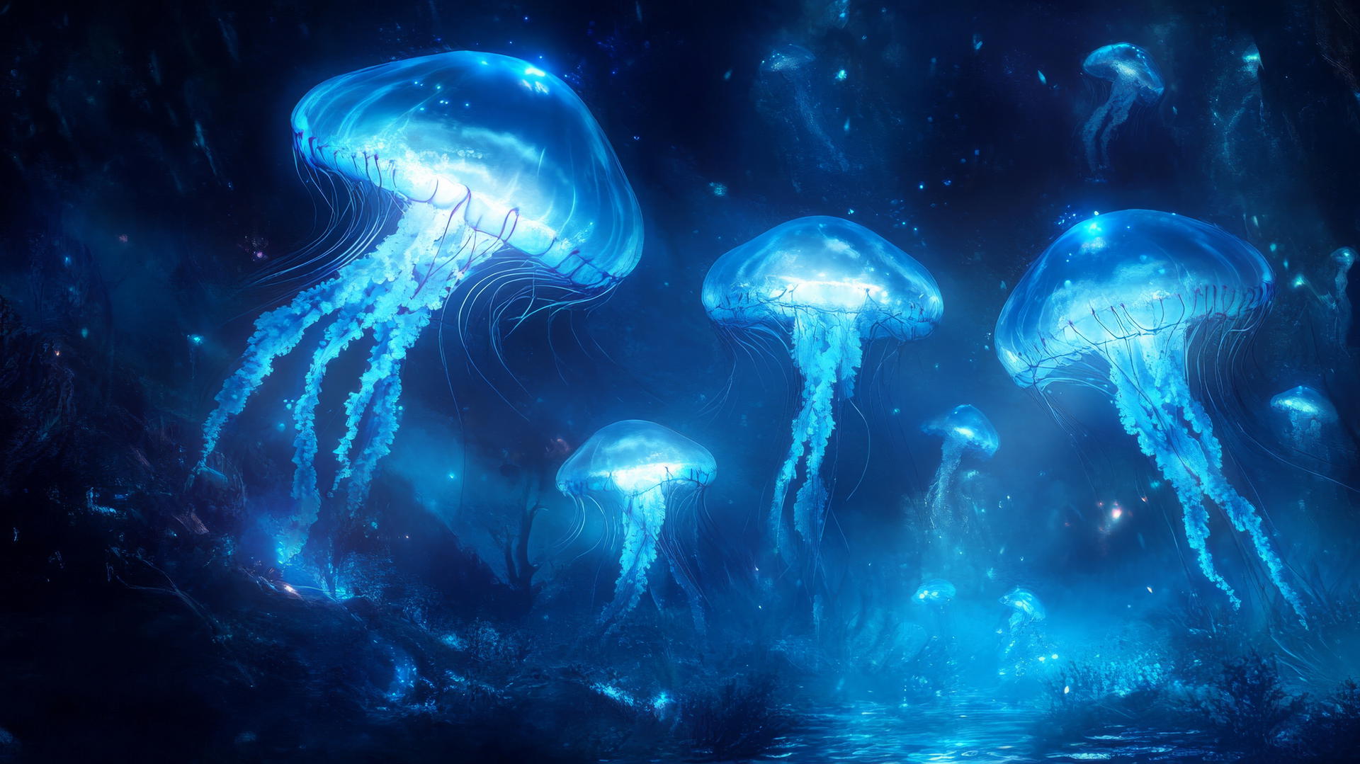 blue wallpaper aesthetic with glowing jellyfish and soft blues