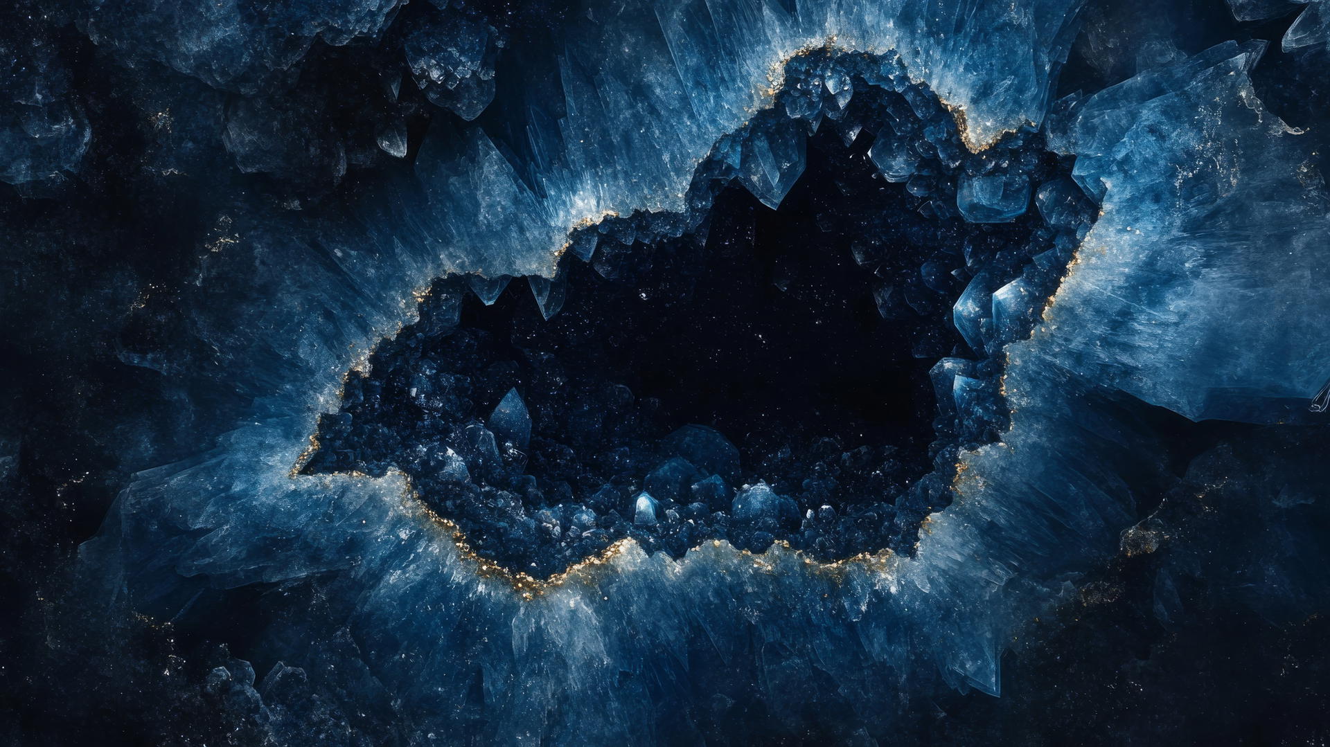 Navy blue wallpaper with abstract geode design, deep crystals, and shimmering highlights