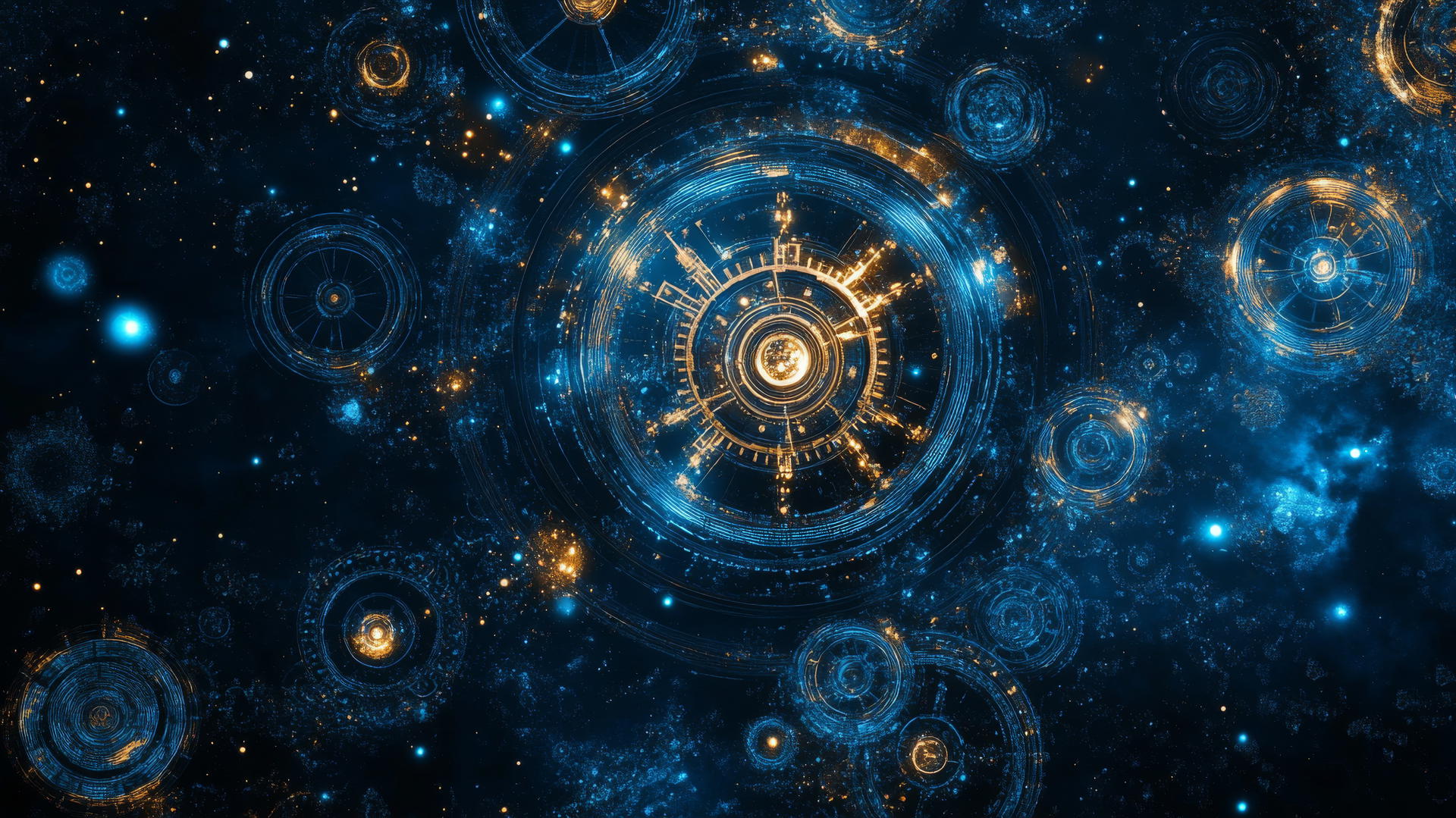 navy blue wallpaper with cosmic clockwork design, intricate gears, and celestial motifs