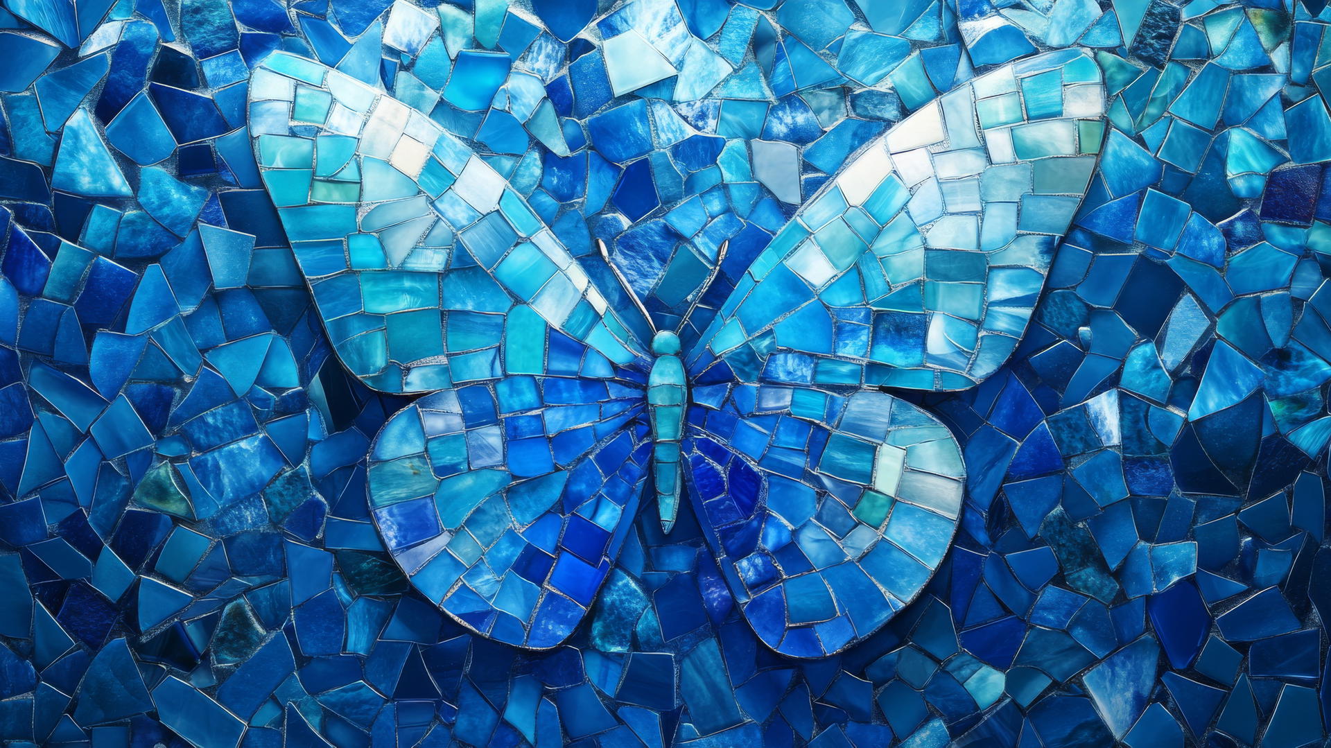blue background wallpaper with a mosaic butterfly in shimmering blue tiles