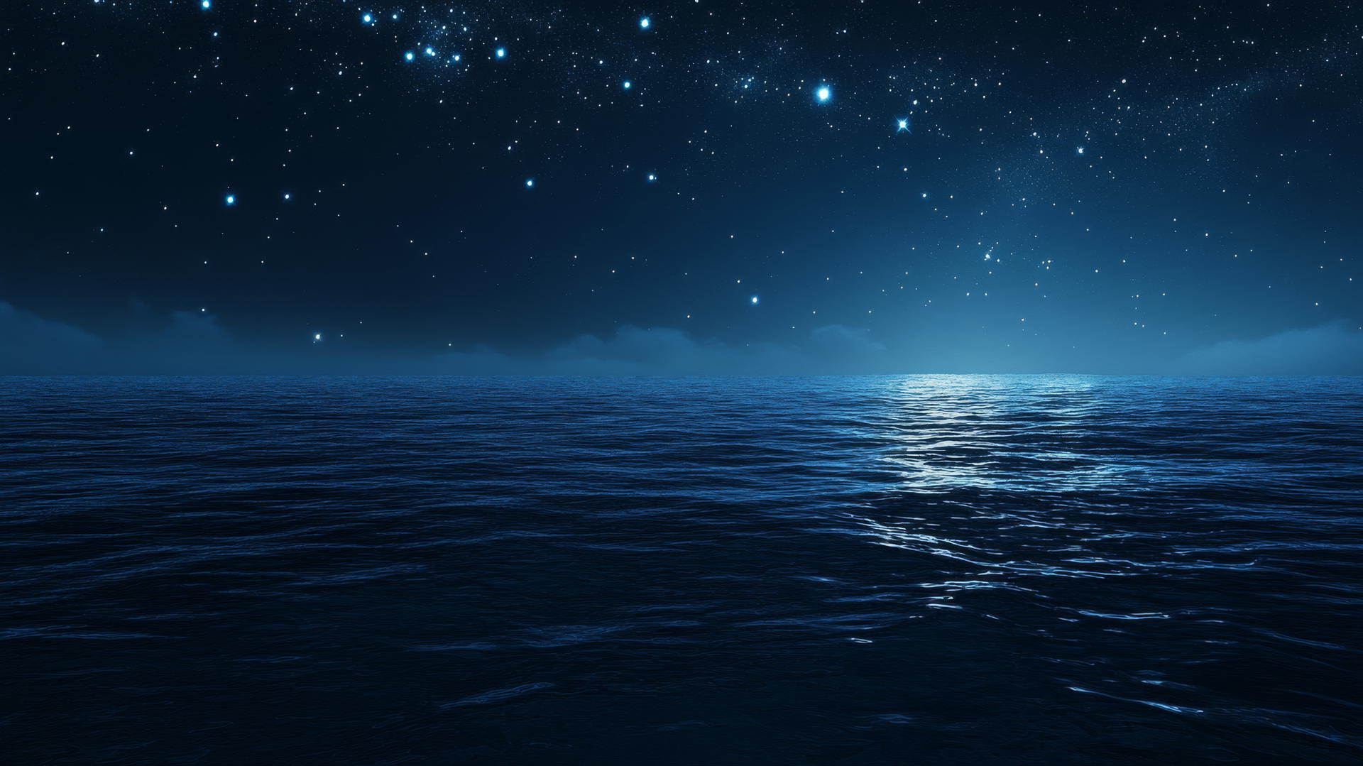 dark blue aesthetic wallpaper of a starry night sky over a calm ocean with moonlight glow