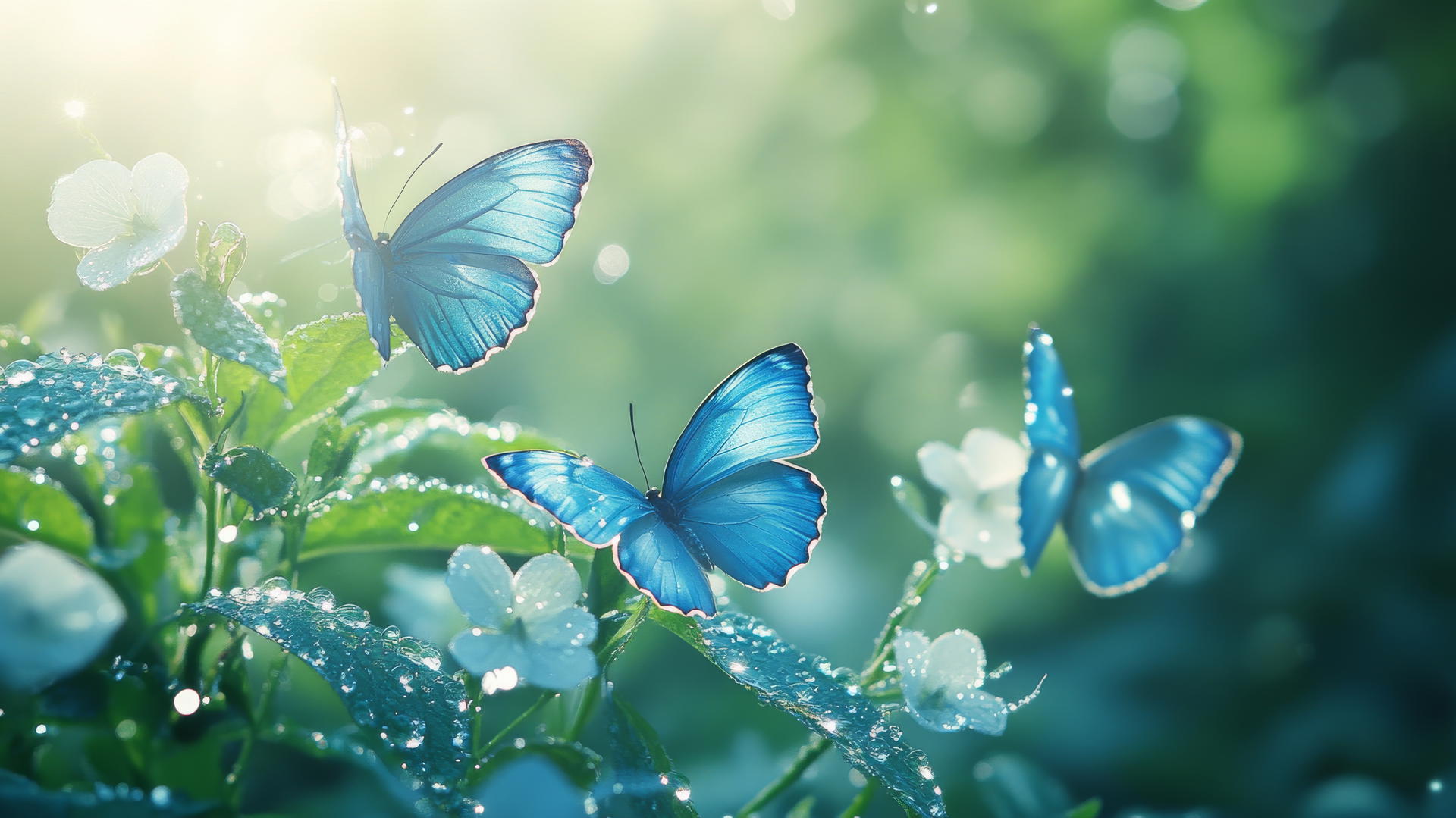 blue butterfly wallpaper with sunlight on dew-covered leaves and flowers