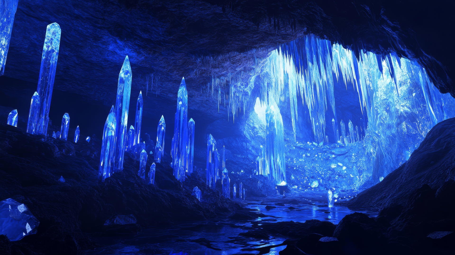 Aesthetic blue wallpaper of a crystal cave with glowing stalactites and stalagmites